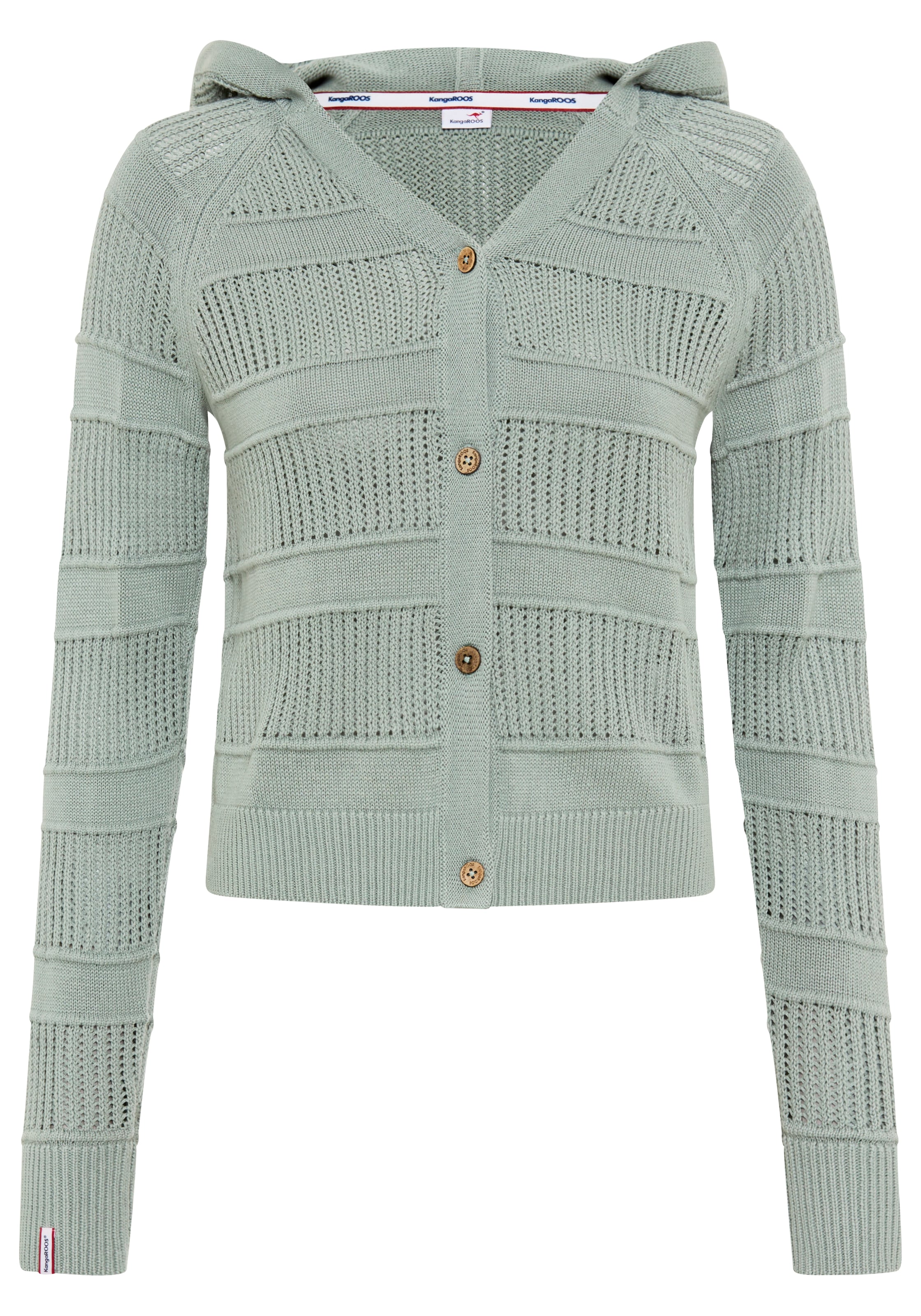 KangaROOS Veste en tricot ajouré mit Kapuze, V-Ausschnitt mit Knopfleiste, aus Feinstrick, Langarm