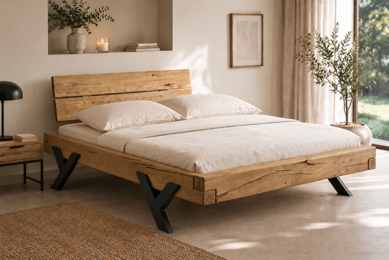 Image of GOODproduct Massivholzbett "Ultima Balkenbett Doppelbett, Füsse aus Metall in Y-Form" hohe Belastbarkeit: 200kg je Seite, FSC-zertifizierte Wildeiche oder Fichte, viele Breiten zur Auswahl