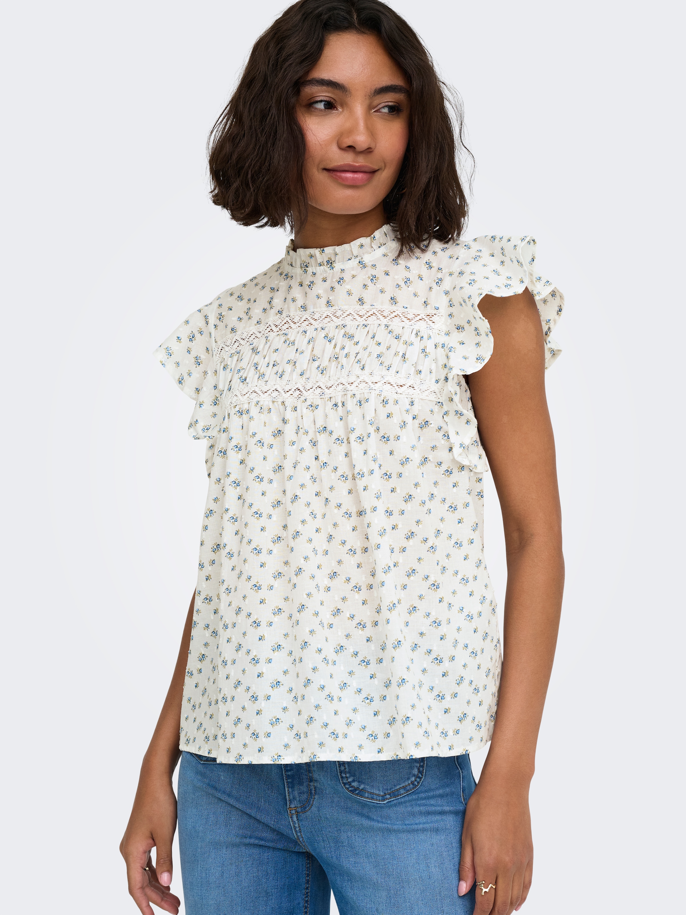 Image of ONLY Rüschentop "ONLKATTI S/S DOBBY TOP WVN NOOS" Baumwolle, regular fit