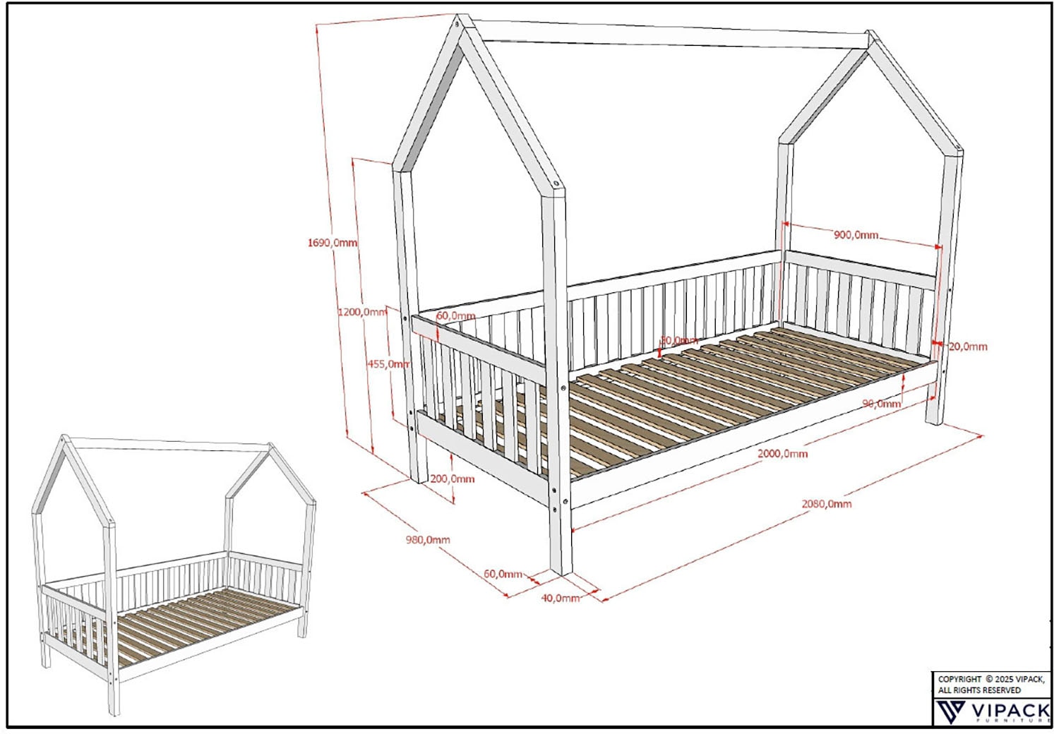 Vipack »Cabane, mit Dachaufbau und Sprossenumrandung in Landhaus-Optik« (B/H/T ca. 208x169x98 cm) aus massiver Eiche, Oberfläche Natur,  sehr stabil und standfest gebaut inkl. Massivholz Rolllattenrost