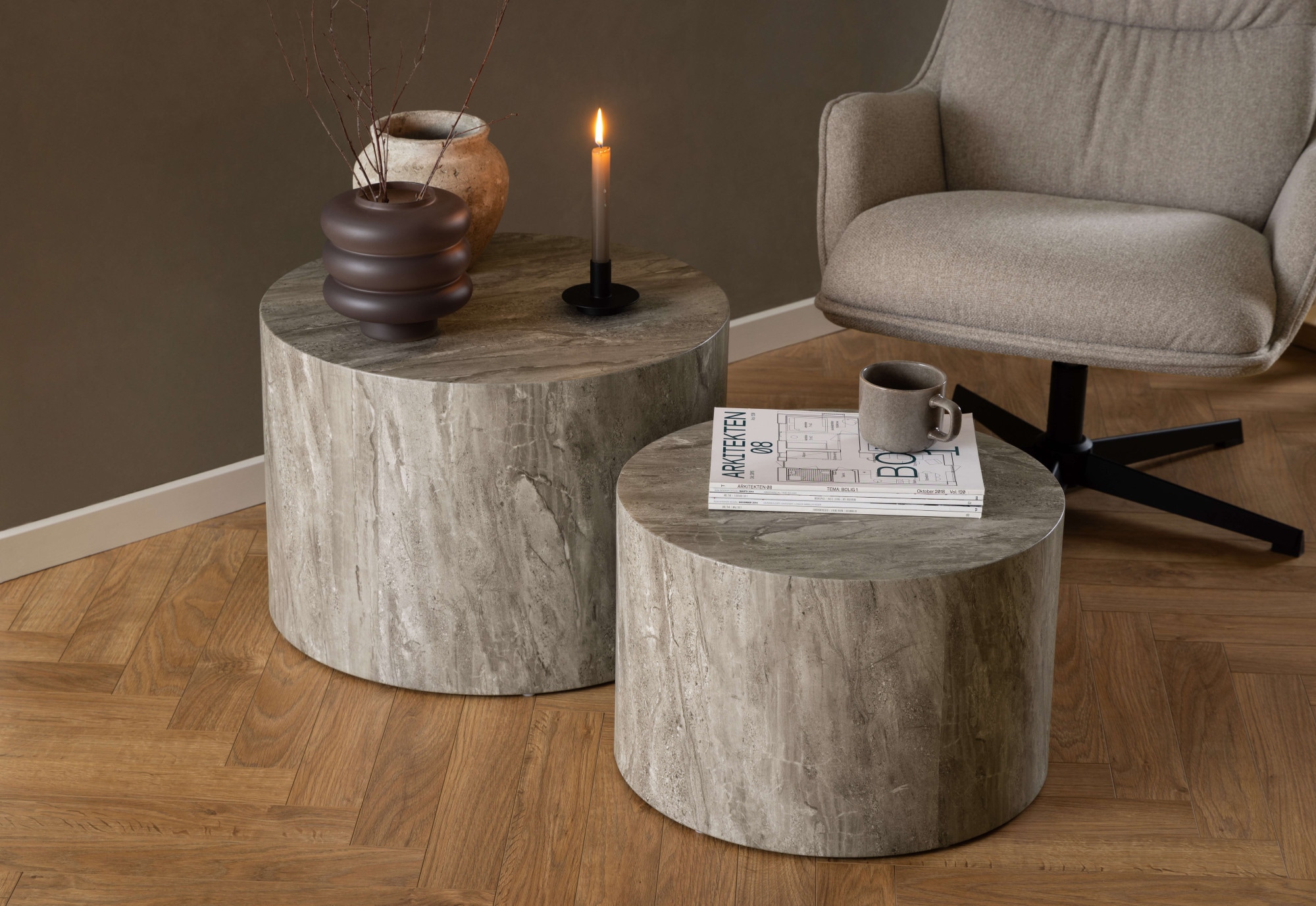 Image of ACTONA GROUP Couchtisch "Dice 2er Set - Steinoptik, modern & stilvoll, skandinavisches Design" Couchtisch, Beistelltisch, rund, 2er-Set, Steinoptik, in weiteren Variationen, T: 58/50 cm