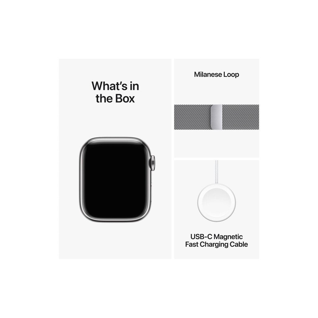 Apple Smartwatch »Series 9, GPS + Cellular, Edelstahl-Gehäuse mit Milanaise Armband«, (Watch OS 10)