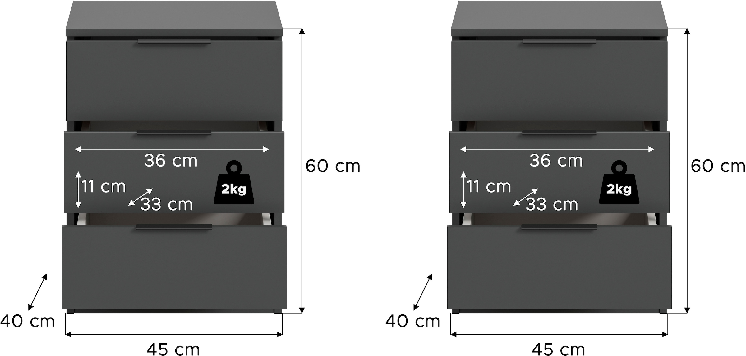 Home affaire Table de nuit »Skarde 2 Nachttische, jeweils Breite: 45 cm« Ensemble, Sie bekommen 2  Nachttische im Set, 2 cuis tlg. Skarde, 2er Set Nachtkommoden, 3 Schubkästen, anthrazit