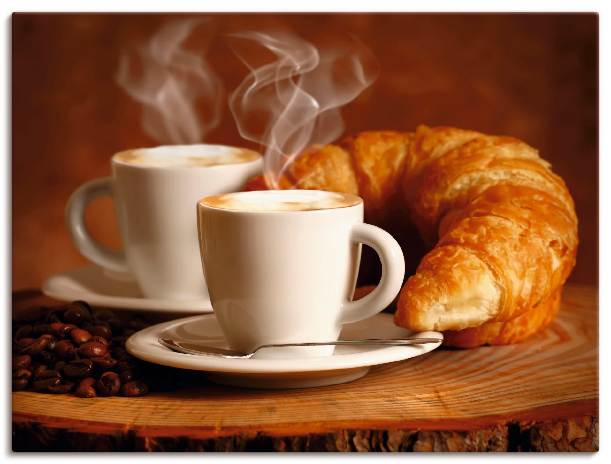 Image of Artland Leinwandbild "Dampfender Cappuccino und Croissant" Getränke 1 Stk. tlg. auf Holzrahmen gespannt