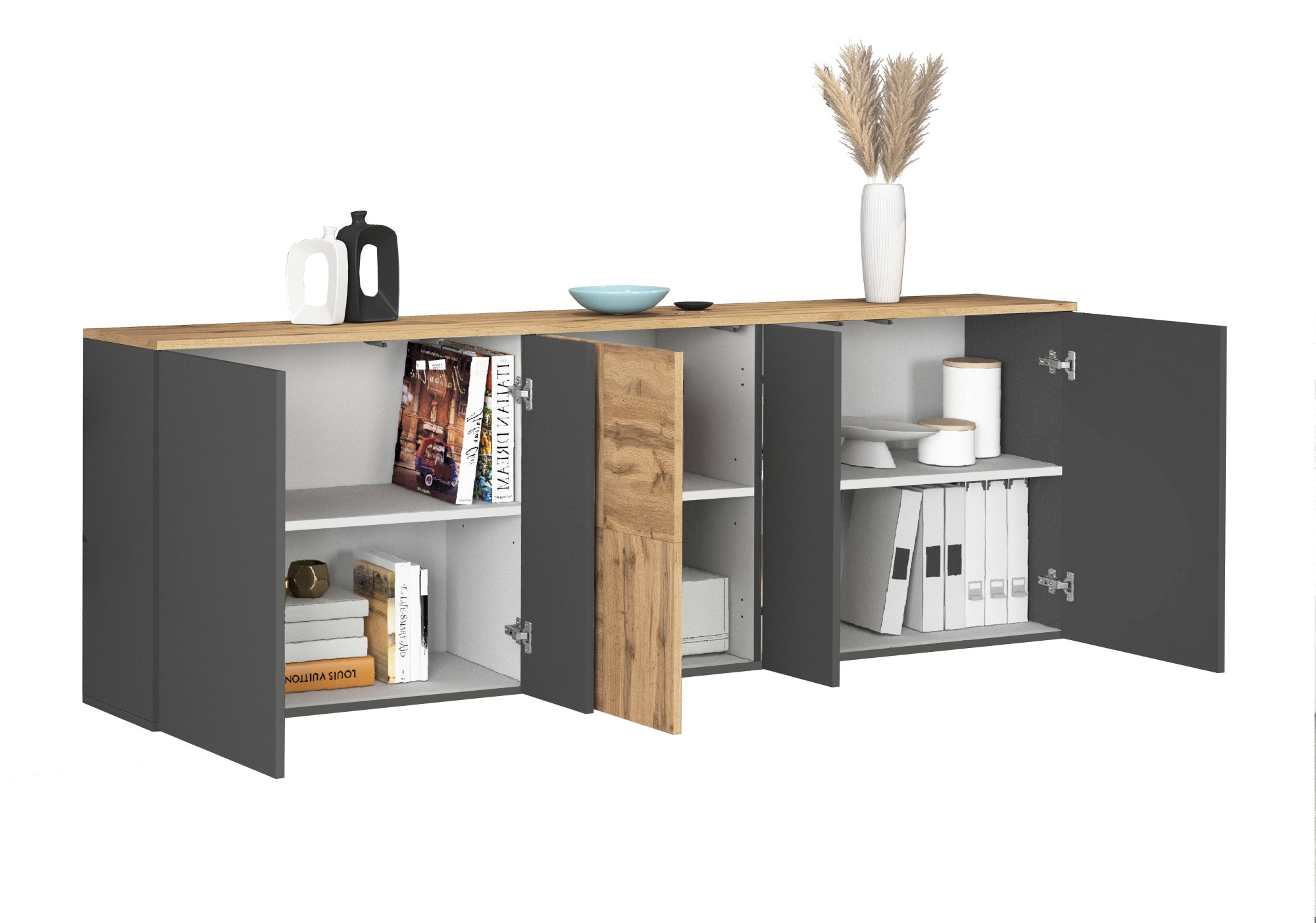 GOODproduct Sideboard »ISEO, Kommode, Schrank, Sideboard, Lowboard, 6 Fächer, Breite 200 cm« 1 Stk. tlg. stehend/hängend, 5 Türen, 6 Fächer, Breite 200 cm