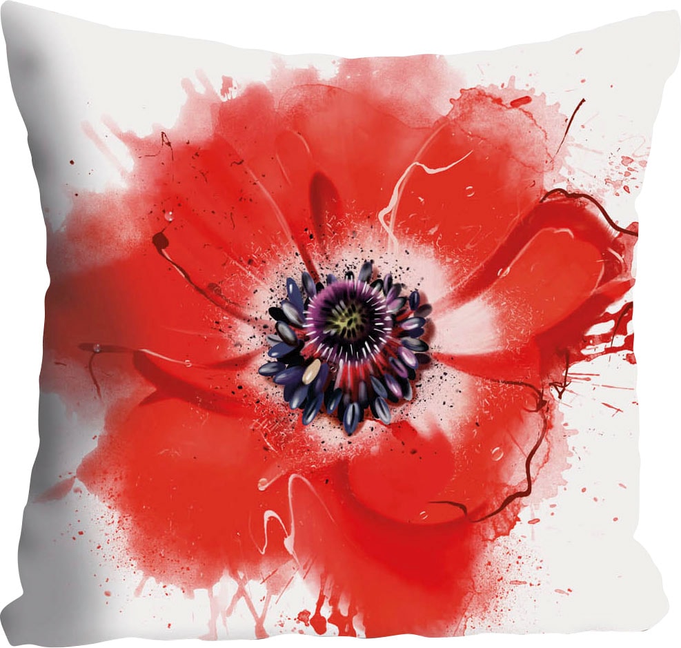 queence Dekokissen »Vicky«, Kissenhülle,Weisser Hintergrund,Mohnblumen,Florales Design,Zart,Rot