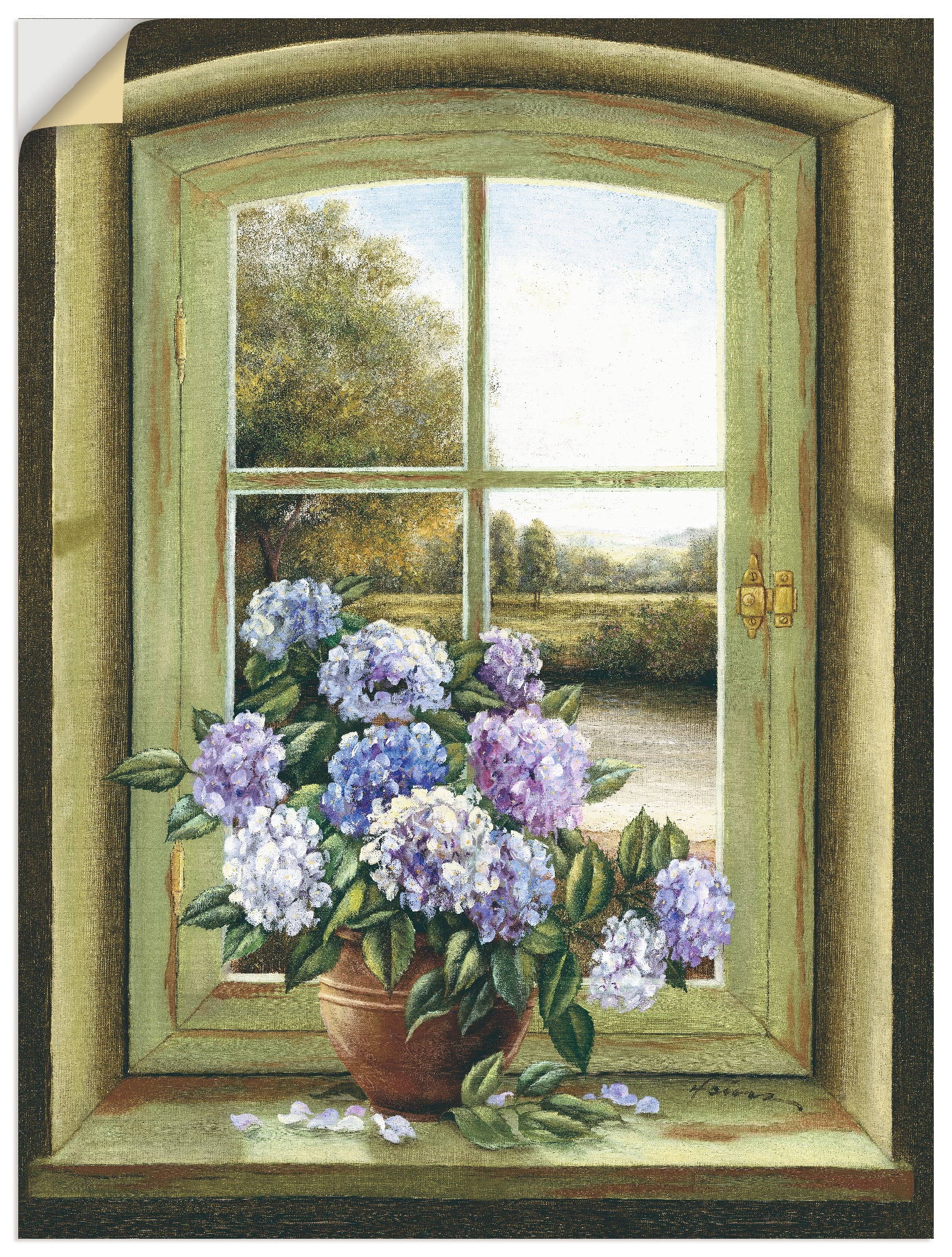 Image of Artland Wandbild »Hortensien am Fenster«, Arrangements, (1 St.), in vielen Grössen & Produktarten - Alubild / Outdoorbild für den Aussenbereich, Leinwandbild, Poster, Wandaufkleber / Wandtattoo auch für Badezimmer geeignet bei Ackermann Versand Schweiz