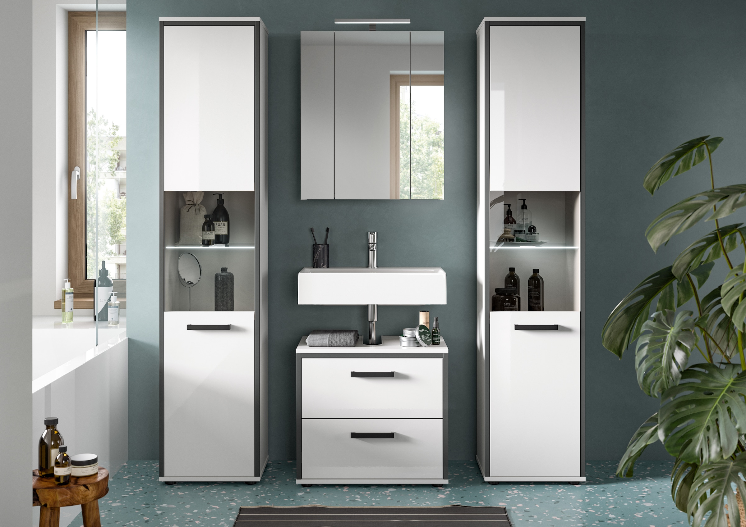 welltime Ensemble de meubles de salle de bain »KAJO, 4-tlg. Badkombination, weiss hochglanz inkl.Beleuchtung« Set, Set, best. aus: 2 Hochschränken,WBU,Spiegelschrank,Beleuchtung, 7 cuis tlg.