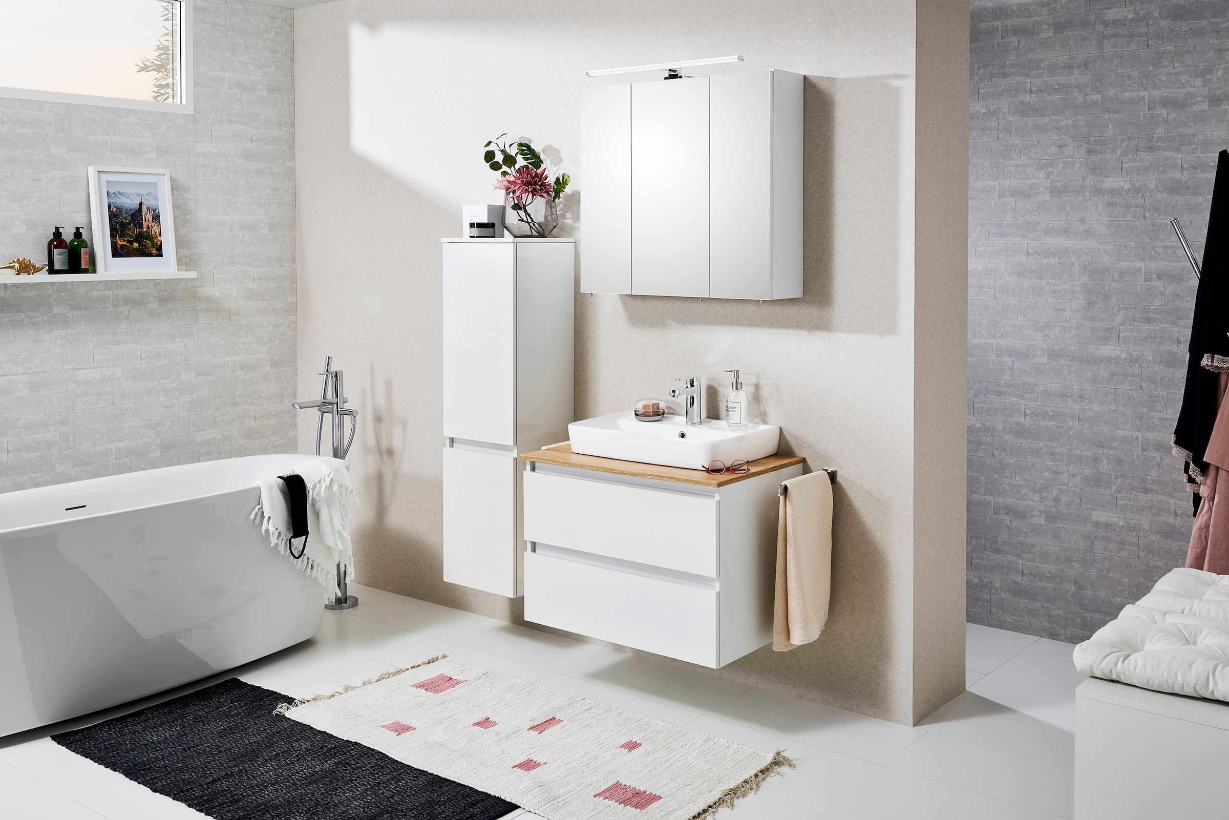 Saphir Waschtisch »Quickset 360 Waschplatz mit Keramik-Aufsatzbecken, wandhängend« Waschtischplatte, 78 cm breit, Weiss Glanz, 2 Schubladen
