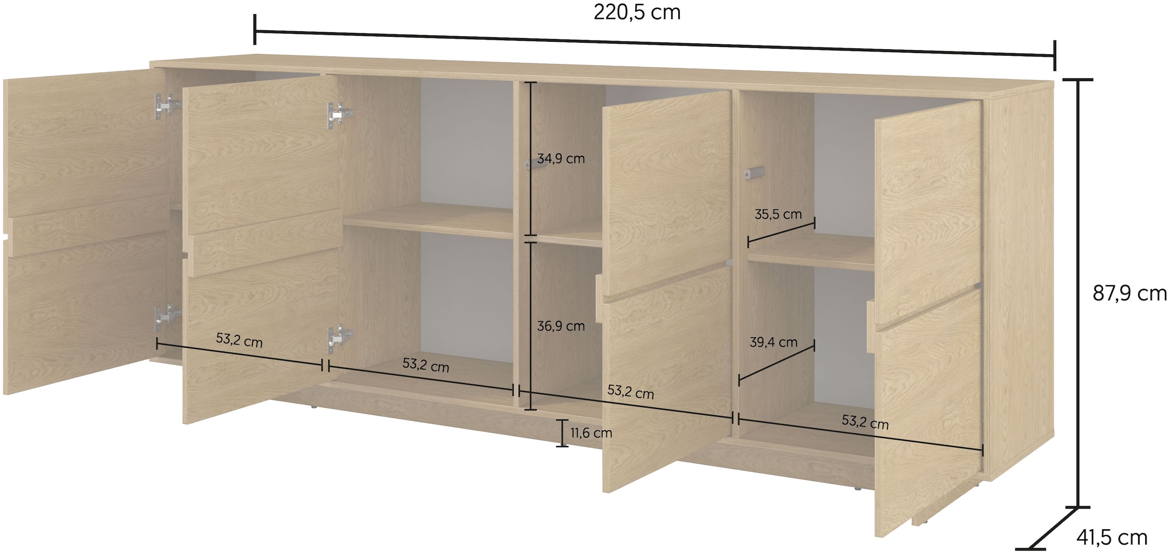 GOODproduct Sideboard »Tatami, Stilvolle, moderne grifflose Kommode 4 Türen, Breite 220cm« Anrichte mit viel Stauraum, Böden verstellbar, push-to-open-Funktion