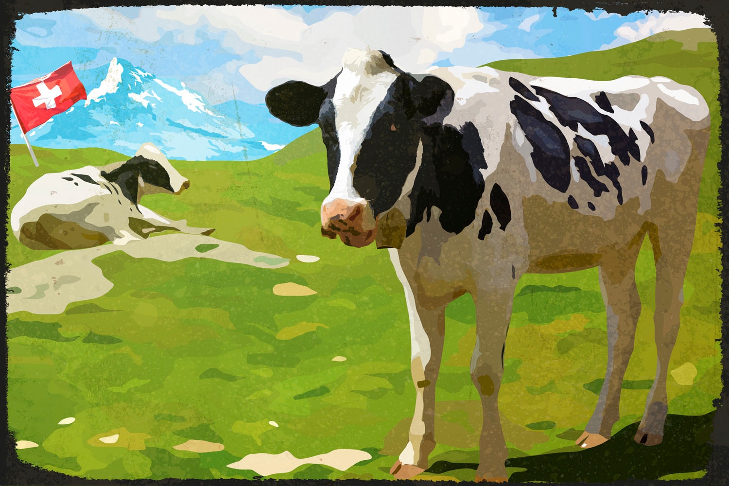 queence Metallbild »Schweizer Kuhwiese« Berge & Alpenbilder | Kuh | Kuhbilder | Schriftzüge 1 Stk. tlg. Stahlschilder