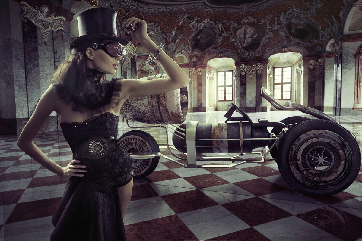 Image of Papermoon Fototapete "STEAMPUNK-FRAU SEXY FANTASIE SURREAL KUNST RETRO AUTO"