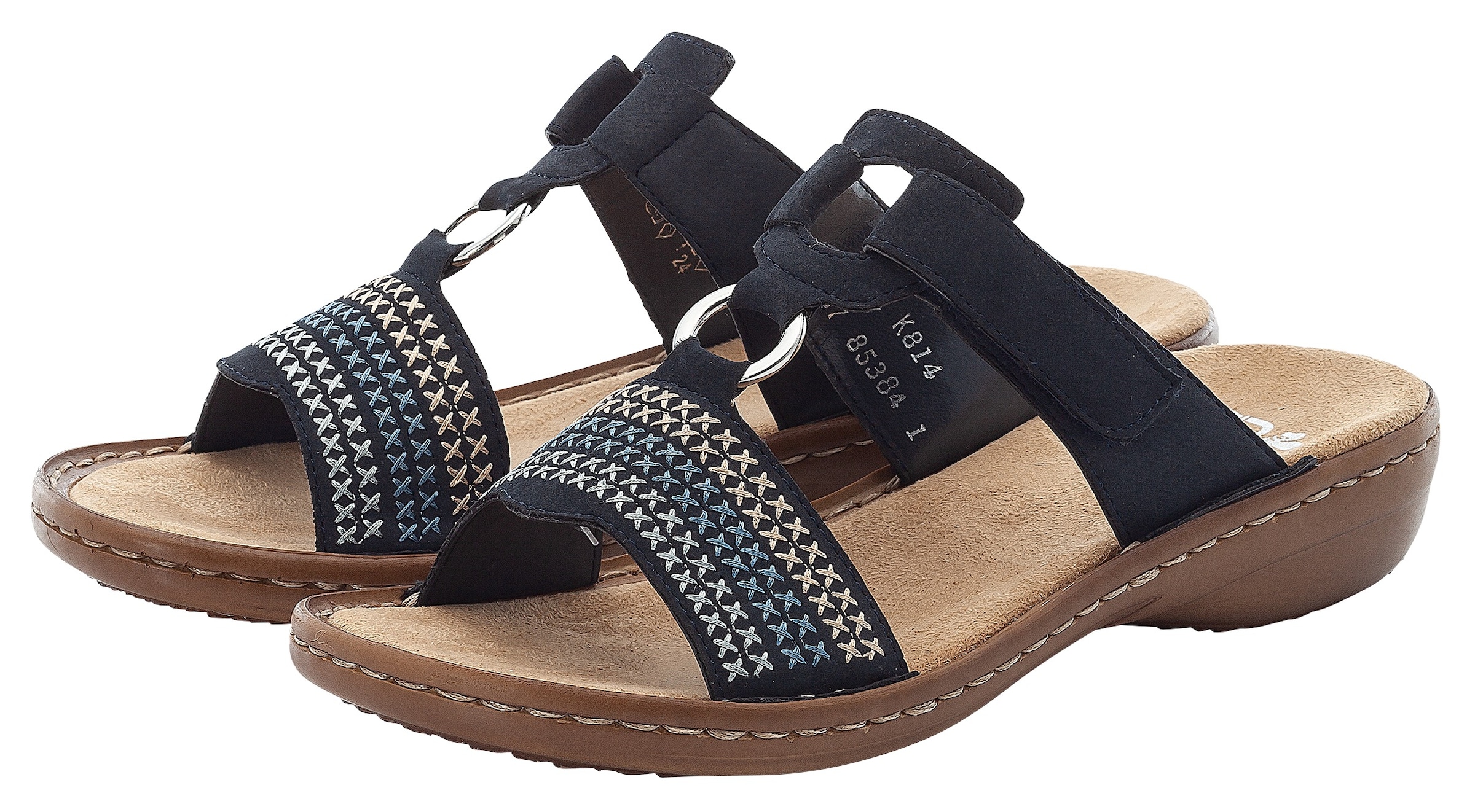 Image of Rieker Pantolette, Keilabsatz, Sommerschuh, Schlappen mit schöner Stickerei