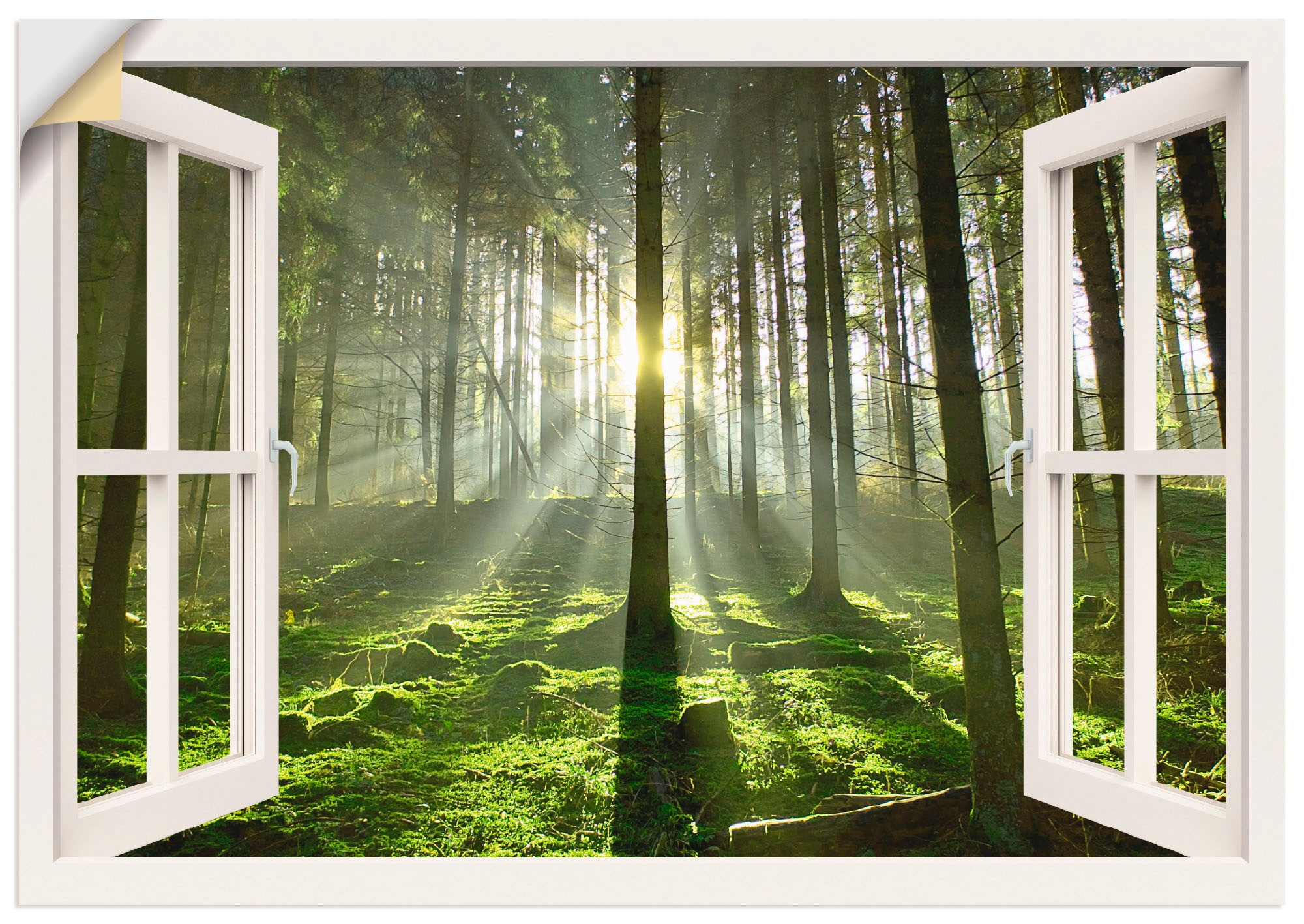 Artland Wandbild »Fensterblick - Wald im Gegenlicht«, Fensterblick, (1 St.),  als Leinwandbild, Wandaufkleber oder Poster in versch. Grössen
