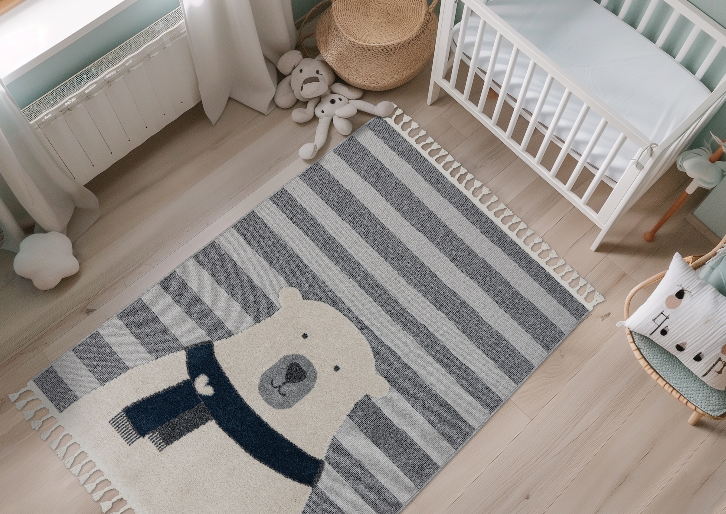 Image of Obsession Kinderteppich "My Fano 398" rechteckig 11 mm Höhe gestreift, Motiv Bär, mit Fransen, auch in rund