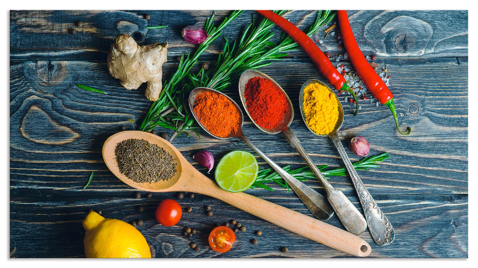 Image of Artland Küchenrückwand »Gewürze in Metalllöffeln«, (1 tlg.), selbstklebend in vielen Grössen - Spritzschutz Küche hinter Herd u. Spüle als Wandschutz vor Fett, Wasser u. Schmutz - Rückwand, Wandverkleidung aus Alu bei Ackermann Versand Schweiz