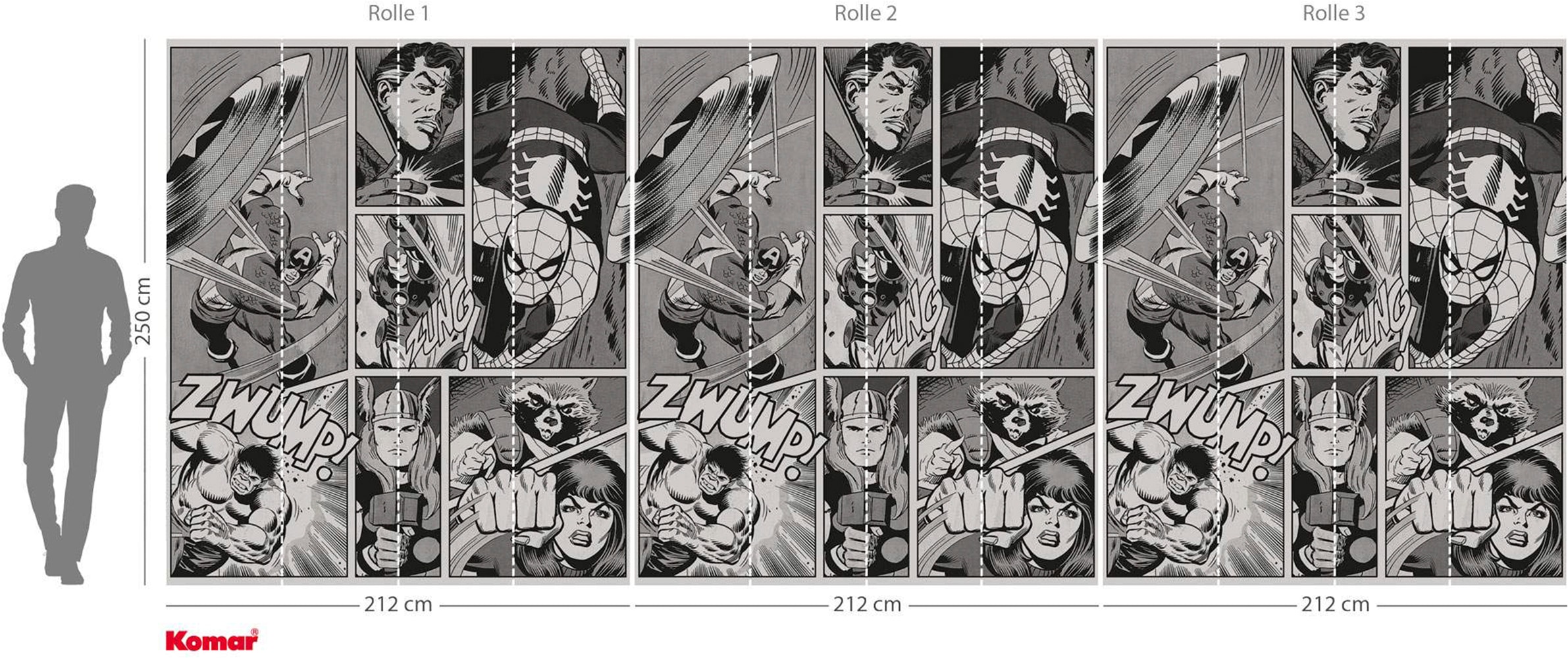 Komar Vliestapete »Marvel Classic Comic Panel Monochrome« bedruckt glatt Rolle mit 212 x 250 cm