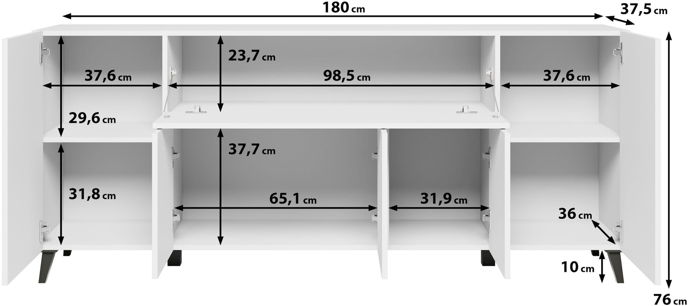 Home affaire Buffet »SIDEBOARD PHUKET II, Stilvolle, grifflose kommode, Breite 180cm« avec 5 portes, 1 abattant, 7 compartiments et étagères réglables en hauteur