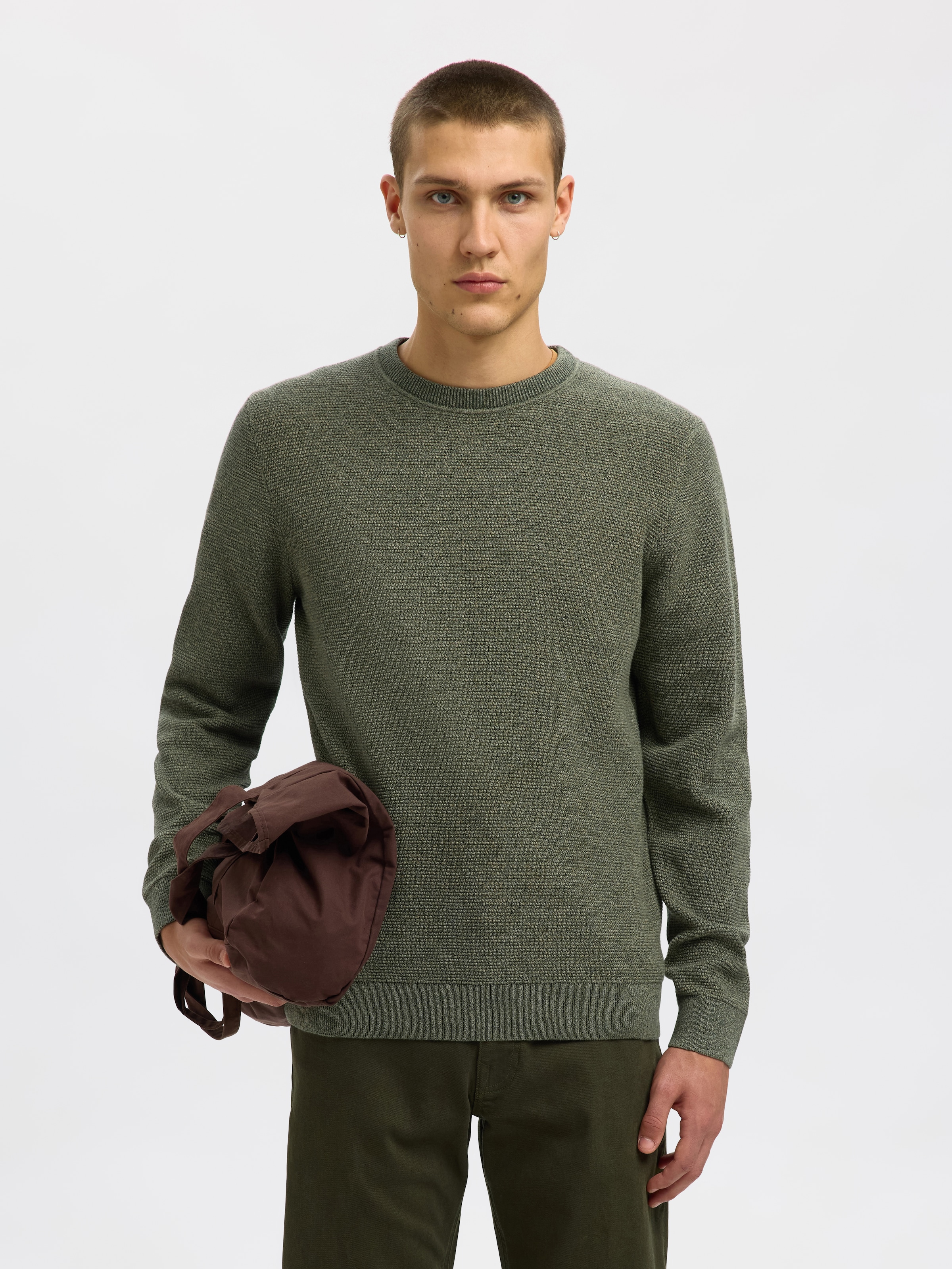 Image of SELECTED Rundhalspullover "SLHROSS LS KNIT STRUCTURE CREW NECK NOOS" Baumwolle, regular fit