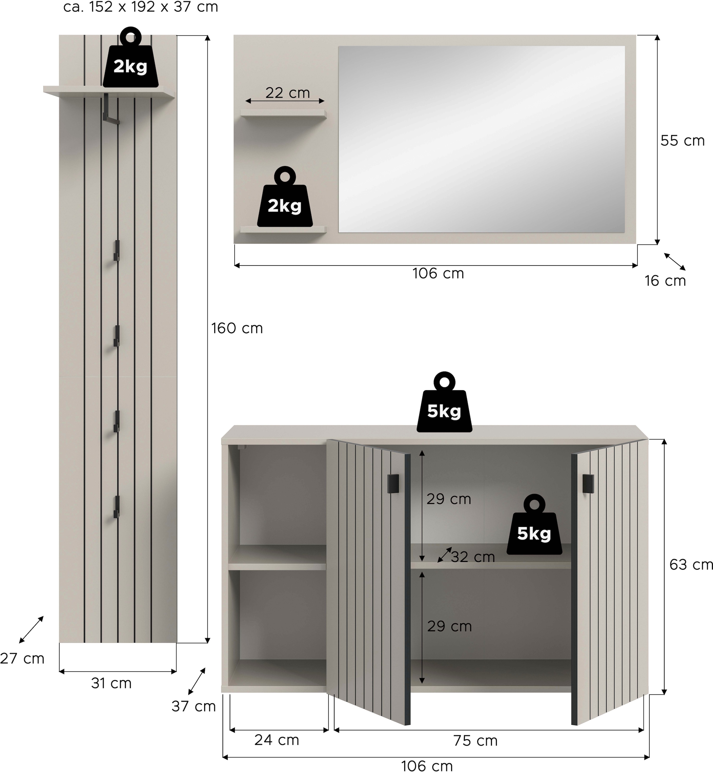Home affaire Ensemble de vestiaires »TATIO, 3-tlg. Garderobenkombination, Breite: 152 cm Rillenfräsung« Set, Set, best. aus: 1 Spiegel, 1 Garderobenpaneel, 1 Schuhkommode, 3 cuis tlg.