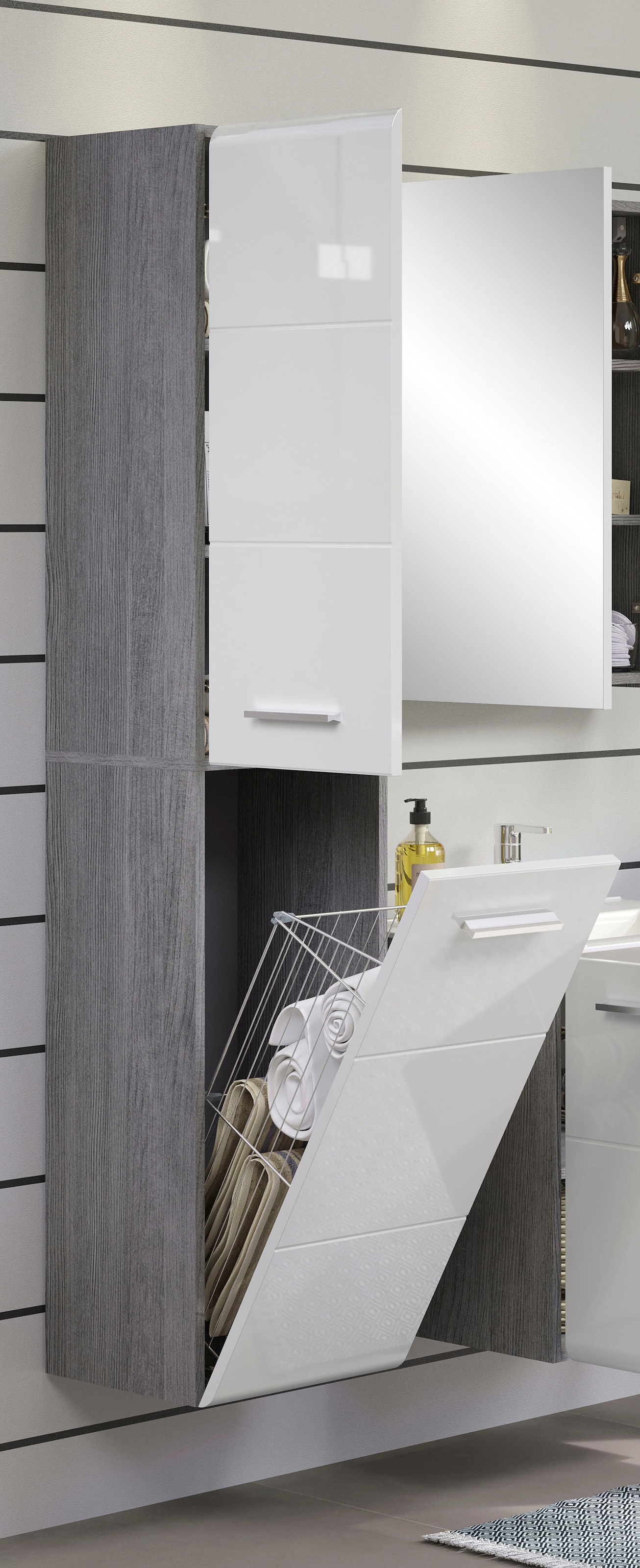 welltime Badmöbel-Set »Ravenna«, (3 St.), Hochschrank, Waschtisch, Spiegelschrank mit Wäschekorb und Waschbecken