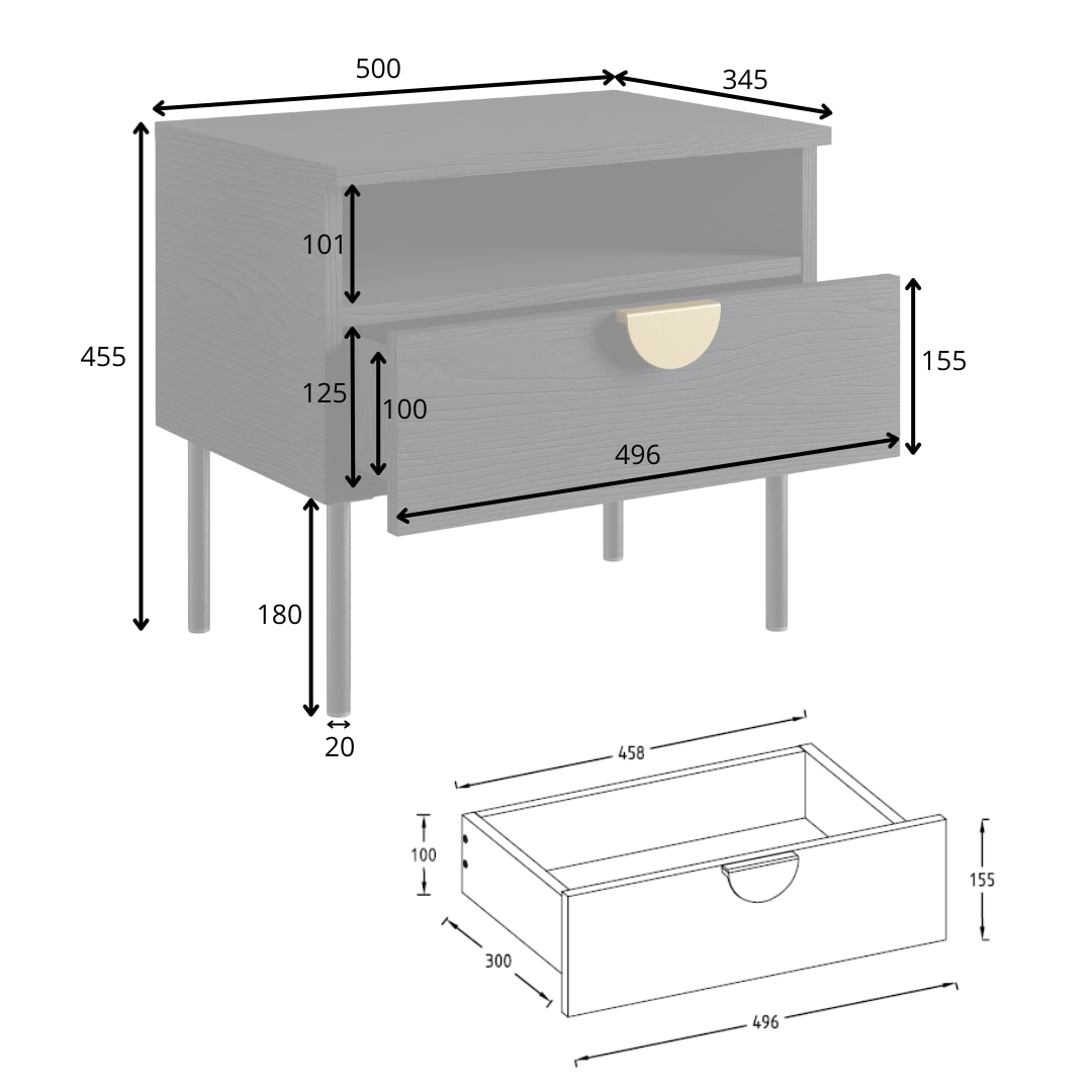 Leonique Nachtkonsole »BELLOT 2er Set, Nachttischen mit Schubladen und goldfarbenenen Metallgriffen«, (Set, 2 St., zwei Stücke), zwei Stücke, mit 2 Schubladen, Masse B/T/H: 50/34,5/45,5 cm
