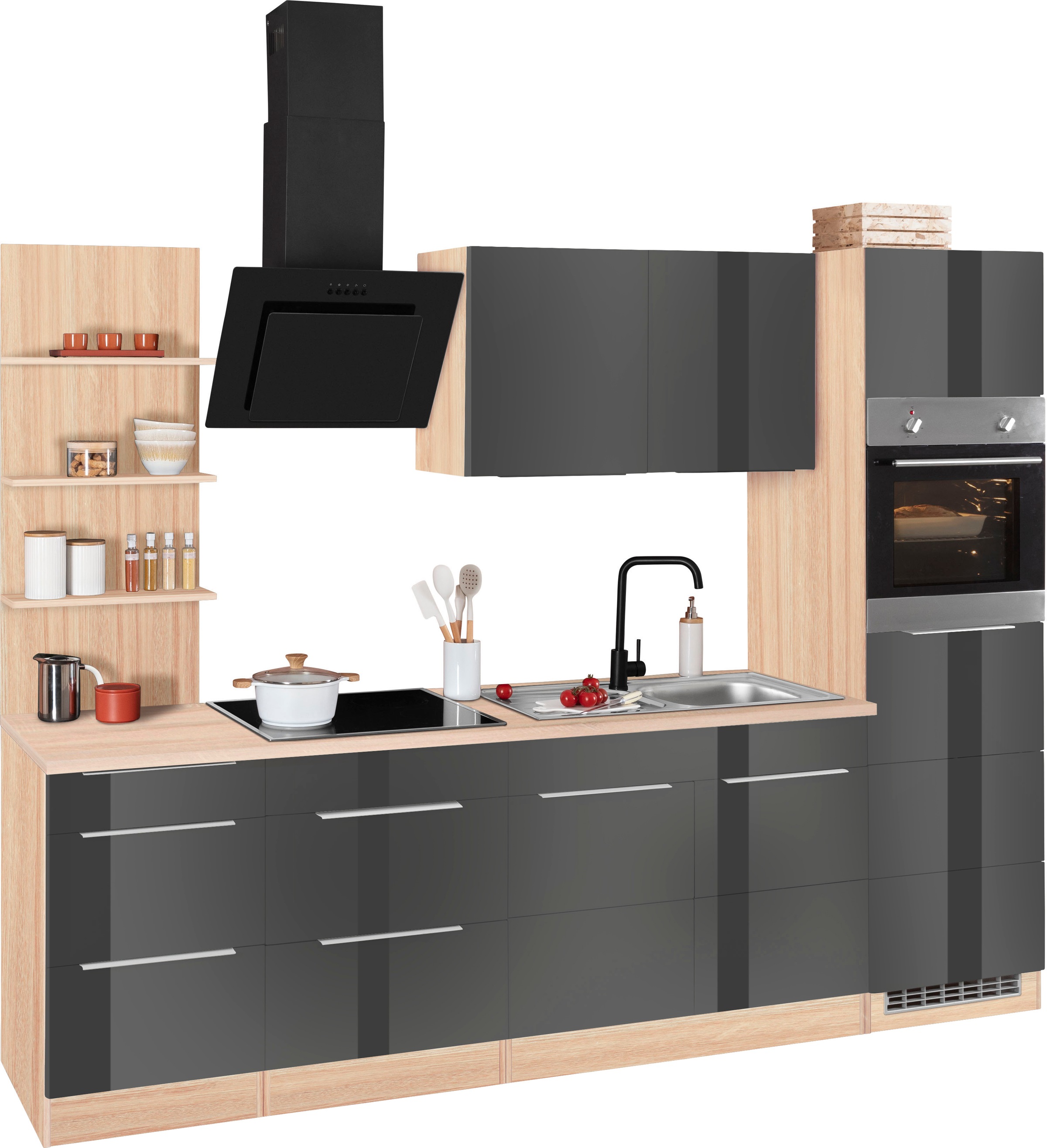KOCHSTATION Küchenzeile "KS-Brindisi Breite 270 cm" wahlweise mit E-Geräten und Induktion, mit MDF-Fronten und Regal