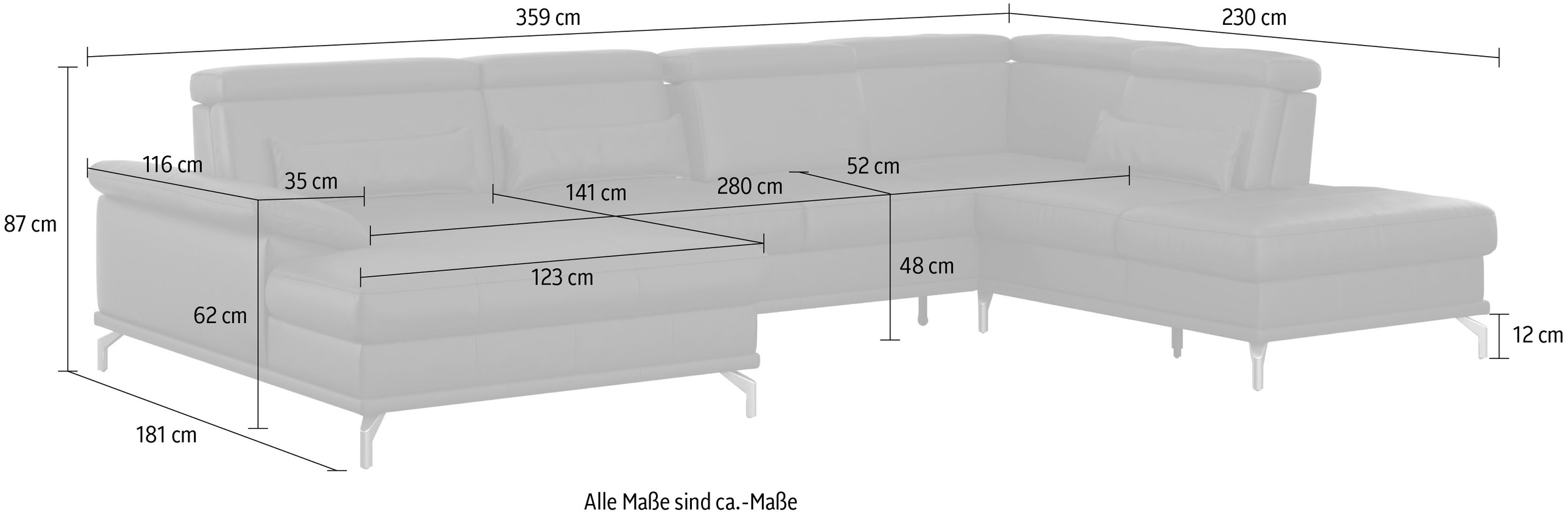 sit&more Wohnlandschaft »Cabrio U-Form, mit Sitztiefenverstellung, Arm- und Kopfteilverstellung«, 3 Nierenkissen, Federkern, optional Bettfunktion und Stauraum