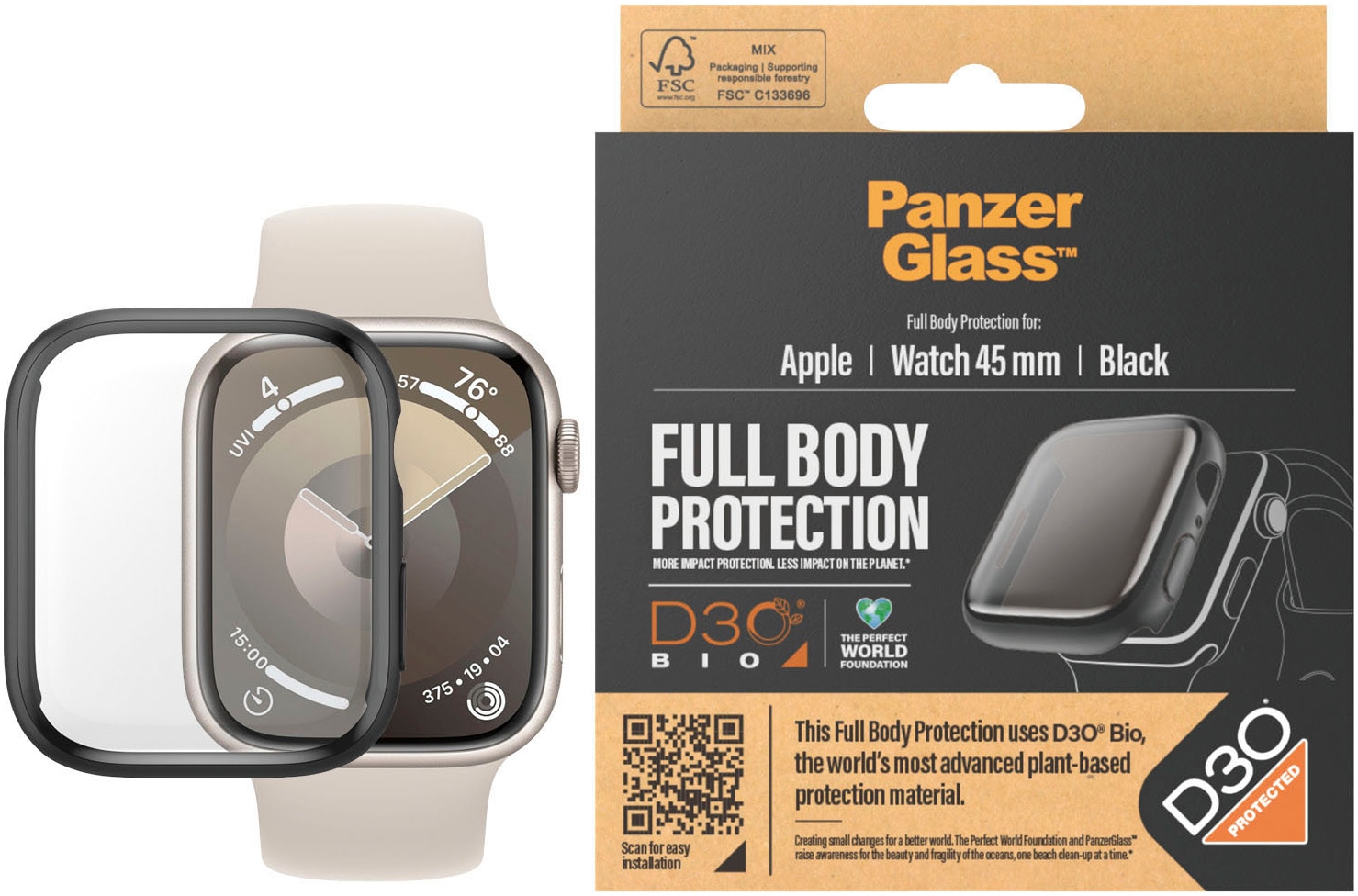 PanzerGlass Displayschutzglas »Displayschutz Full Body Apple Watch Series 9«, für Apple Watch 9 45mm, (1 St.), Kratz-& Stossfest, Antibakteriell, mit D3O