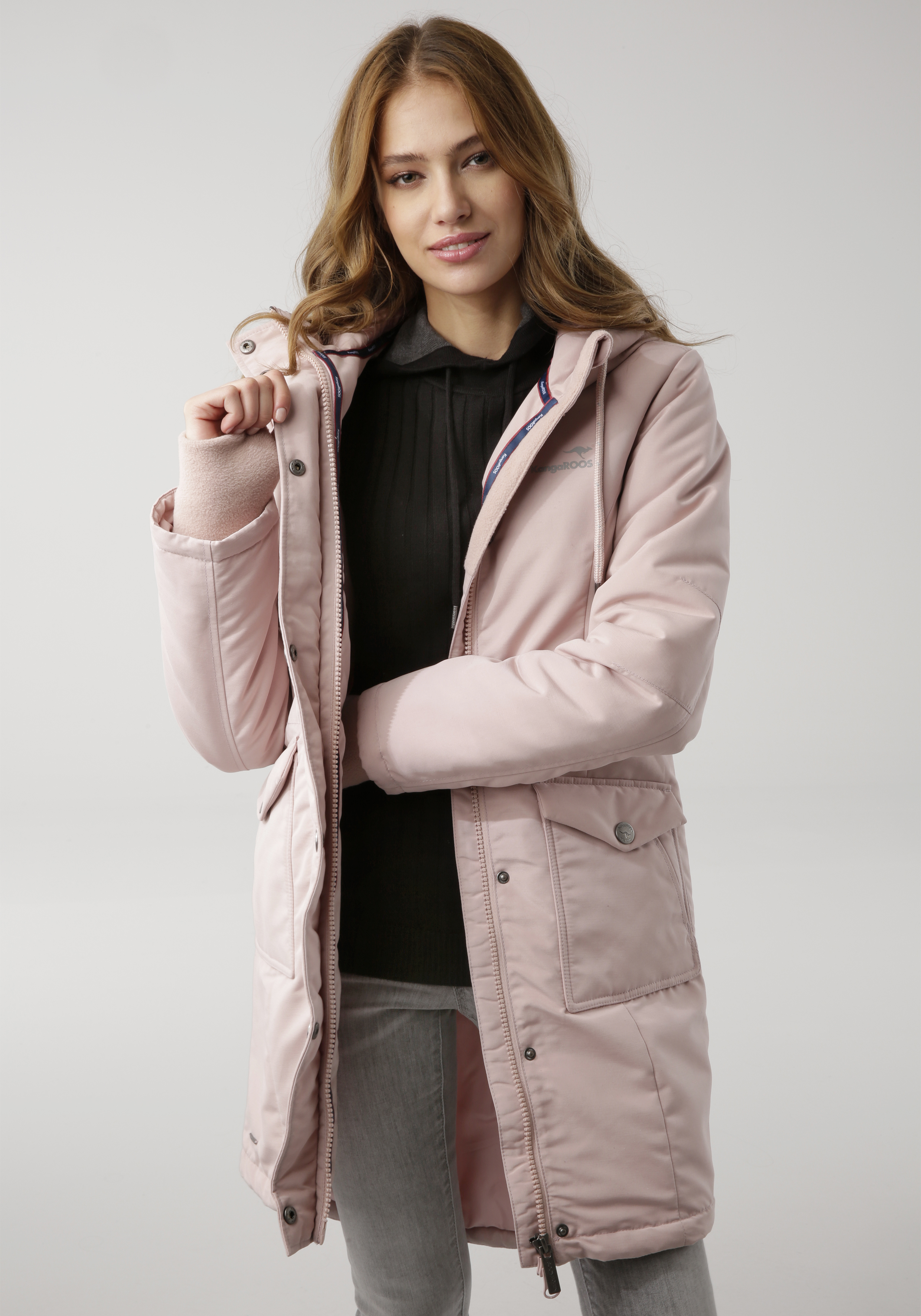Langjacke, mit Kapuze, mit 2-Wege-Reissverschluss und vielen Taschen