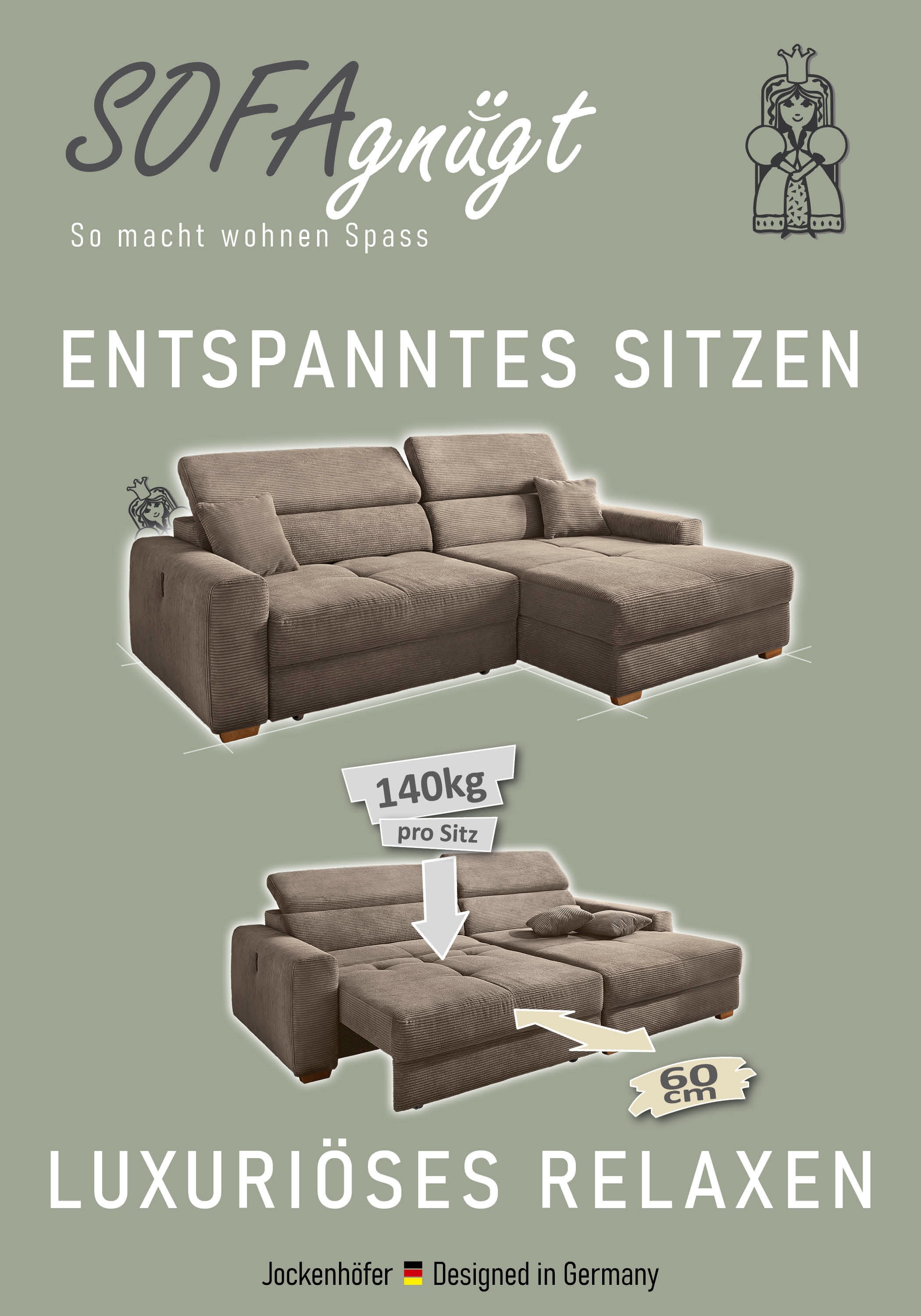 Jockenhöfer Gruppe Ecksofa »Slider L-Form, B: 277 cm, mit 60 cm elektr. Sitztiefenverstellung« 140kg Belastbarkeit, USB-Anschluss, Kopfteilverstellung & Zierkissen