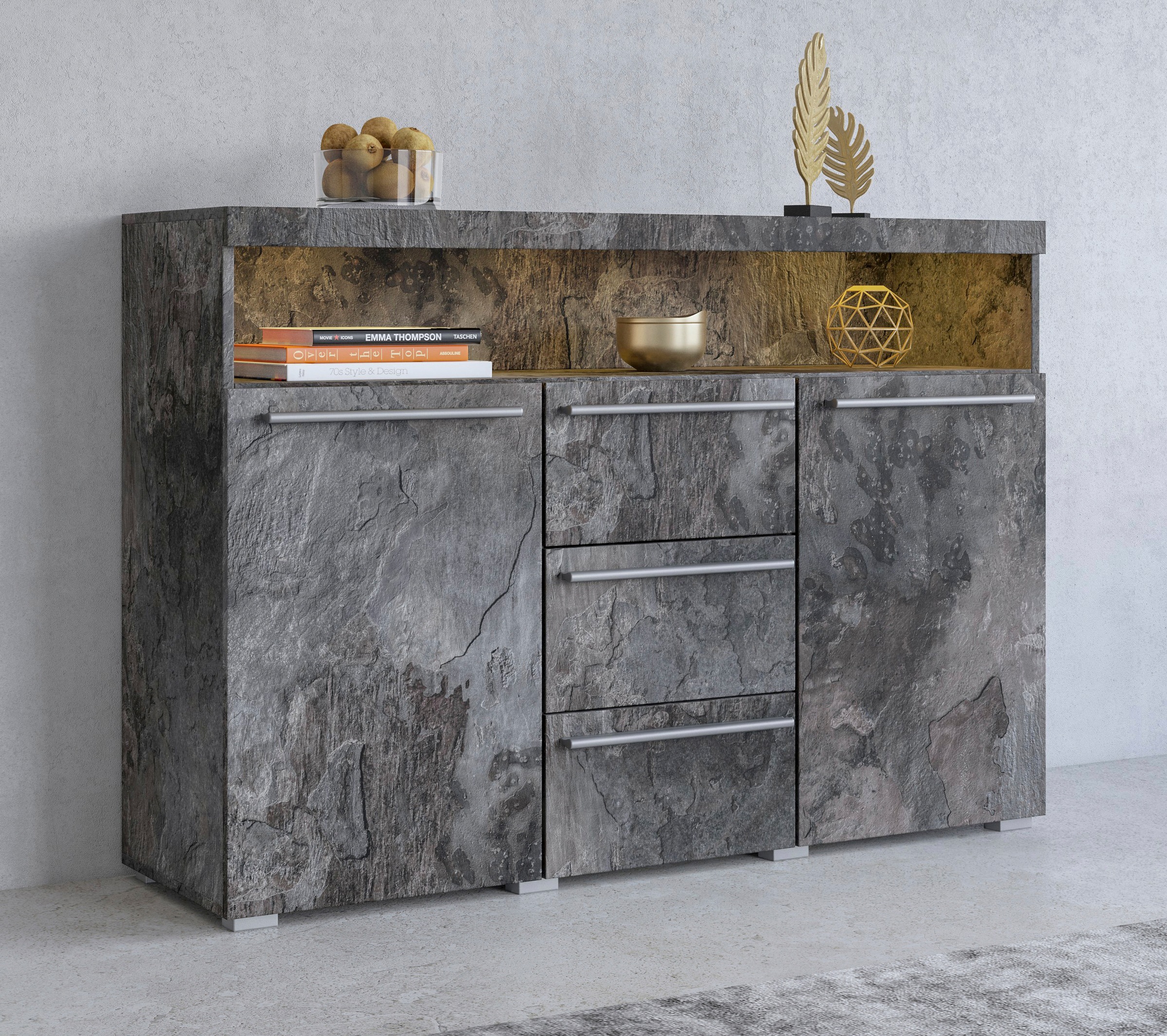 Image of GOODproduct Sideboard "India,Breite 132cm stilvolle Anrichte mit 2Türen, 3 Schubladen" Kommode viel Stauraum, Einlegeböden verstellbar,ohne Beleuchtung