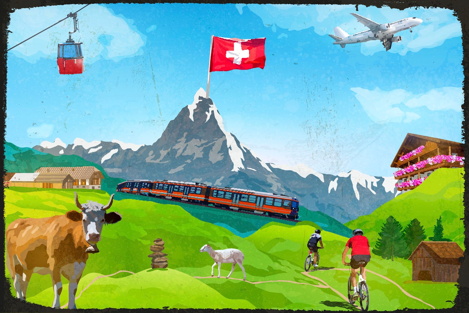 queence Metallbild »Schweizer Urlaub«, Schriftzüge-Berge & Alpenbilder-Kuh-Kuhbilder-Tiere, (1 St.), Stahlschilder