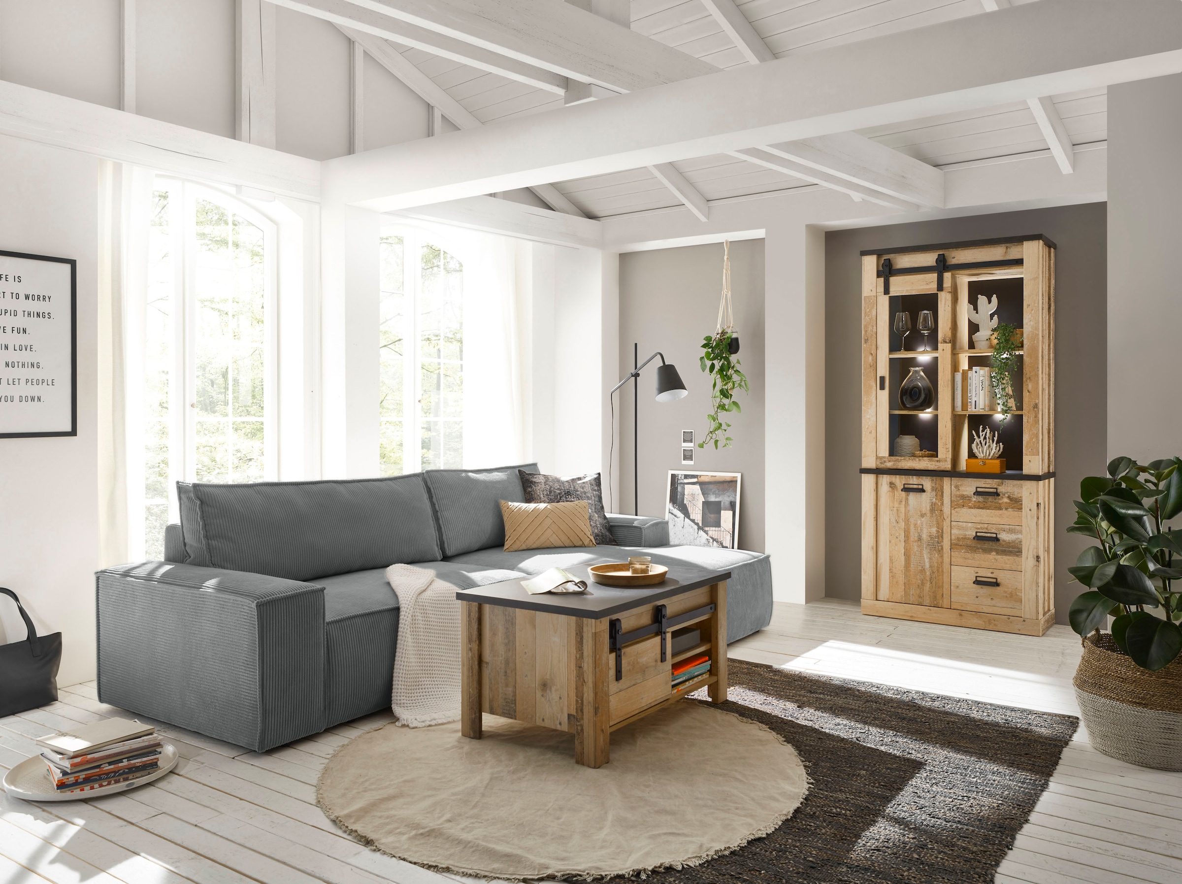 Home affaire Ecksofa SHERWOOD Schlafsofa 267 cm, L-Form, Schlaffunktion mit Bettkasten (210x136 cm), Cord, Vintage, Samtvelours