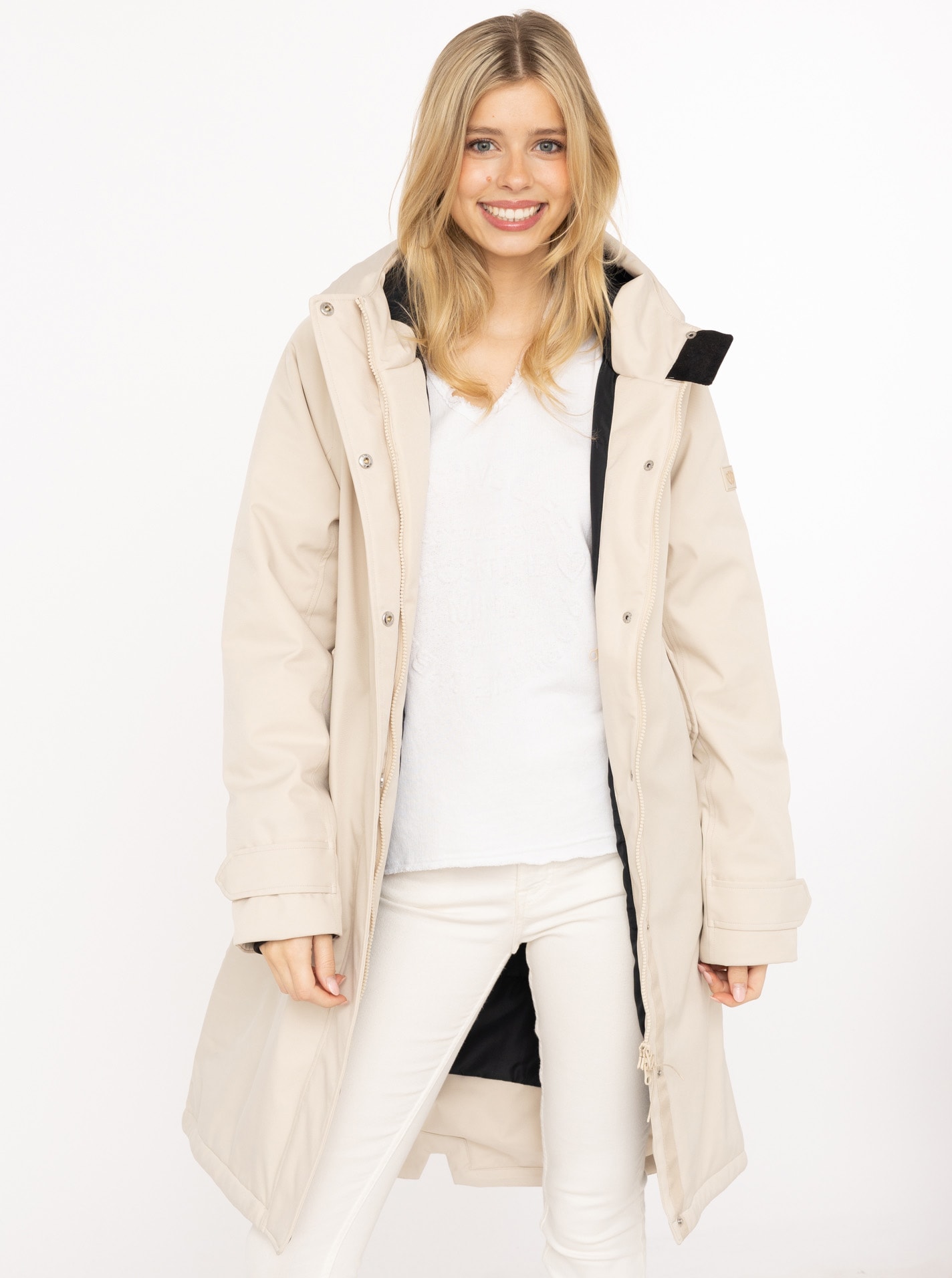 Image of Zwillingsherz Kurzmantel ""Keep Smiling"" Kapuze, verdeckter Reissverschluss, Oversize