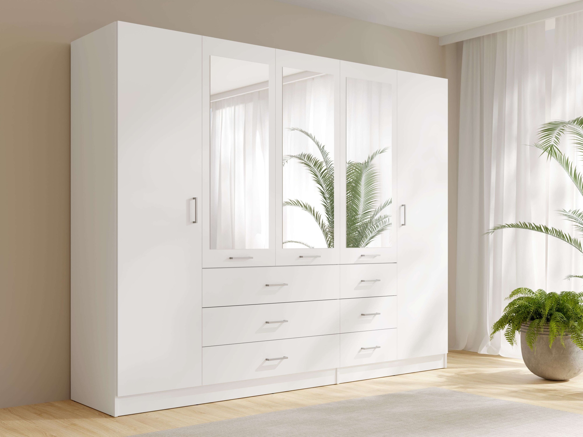 Home affaire Kleiderschrank »KOS Garderobe mit 6 Schubladen, Kleiderstange, 5 Einlegeböden, Spiegel«, Wäscheschrank mit 5 Drehtüren, silberfarben Griffen, Masse B/H/T 250/200/58cm