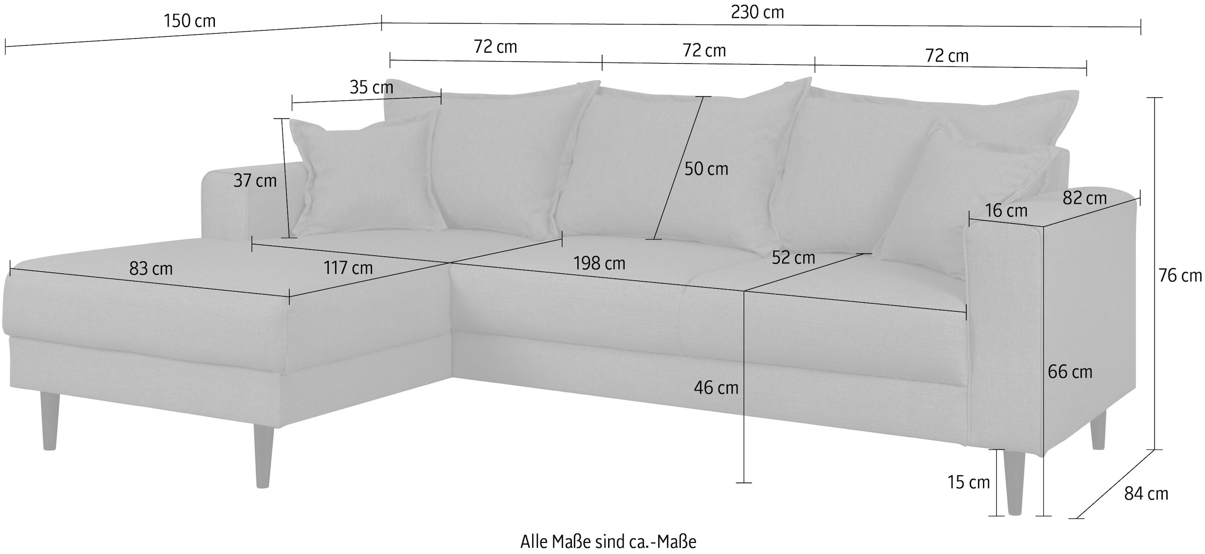 Home affaire Ecksofa »VEYRAS L-Form, hoher Sitzkomfort, Masse B/T/H: 230/150/76 cm«, mit Wellenunterfederung, incl. Rückenkissen und Zierkissen