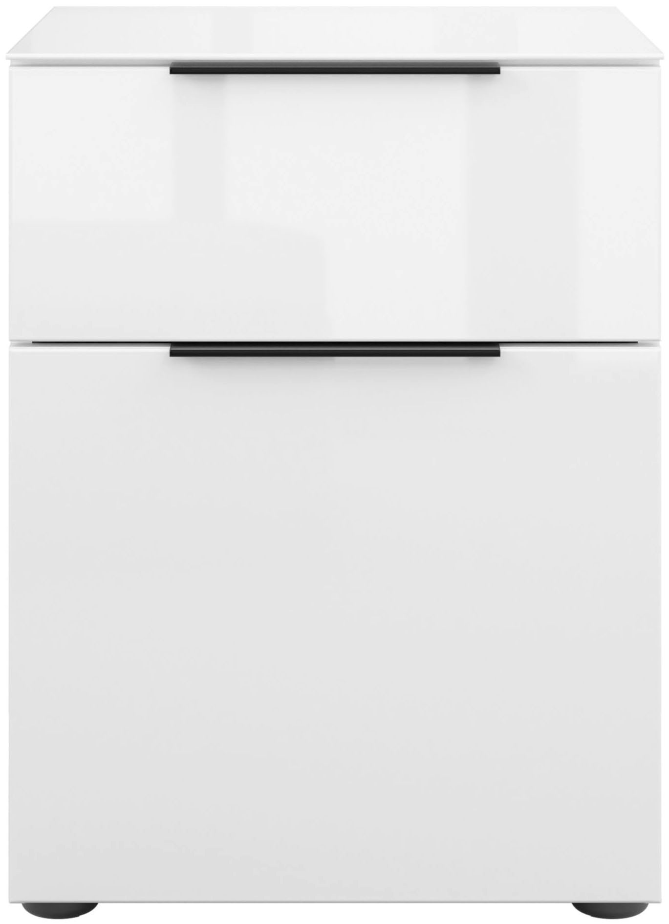 Manjana Möbel Nachtkommode »mit Chrom oder Schwarz matten Metallgriffen« mit Glasfronten, melaminbeschichtete Oberfläche, mit Vollauszug