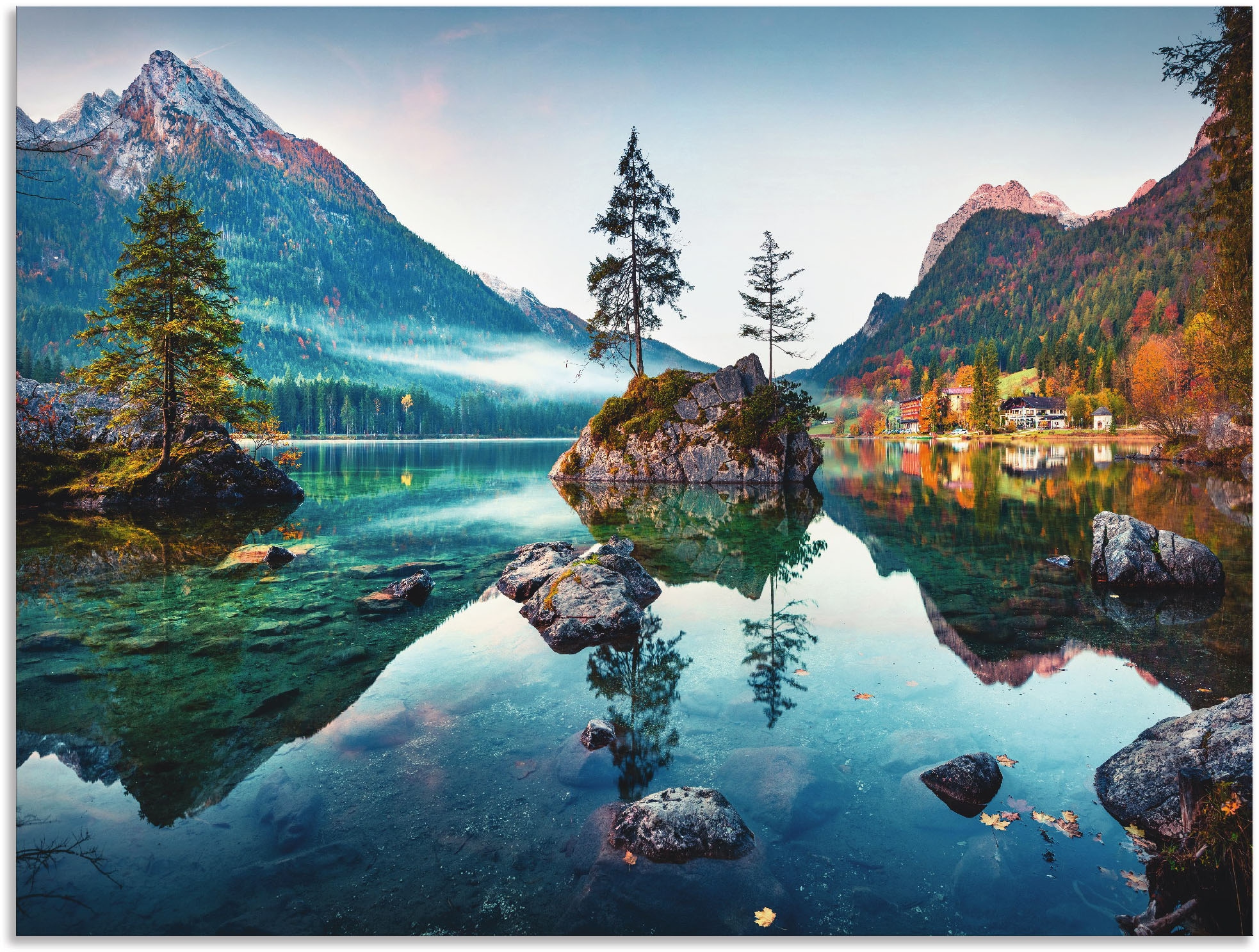 kaufen Wandaufkleber Hintersee des Leinwandbild, »Herbstszene versch. vor oder Wandbild günstig als Seebilder, in (1 Alpen«, St.), Grössen Artland Poster Alubild,