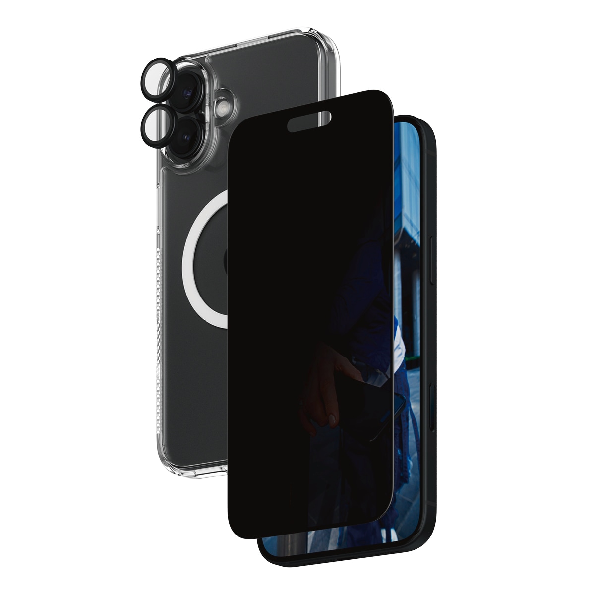 PanzerGlass Displayschutzglas »3-in-1 Privacy Protection, Glass, Hoops, Case«, für Apple iPhone 16 Plus, Displayschutzfolie, Schutzfolie, Bildschirmschutz, kratz- & stossfest