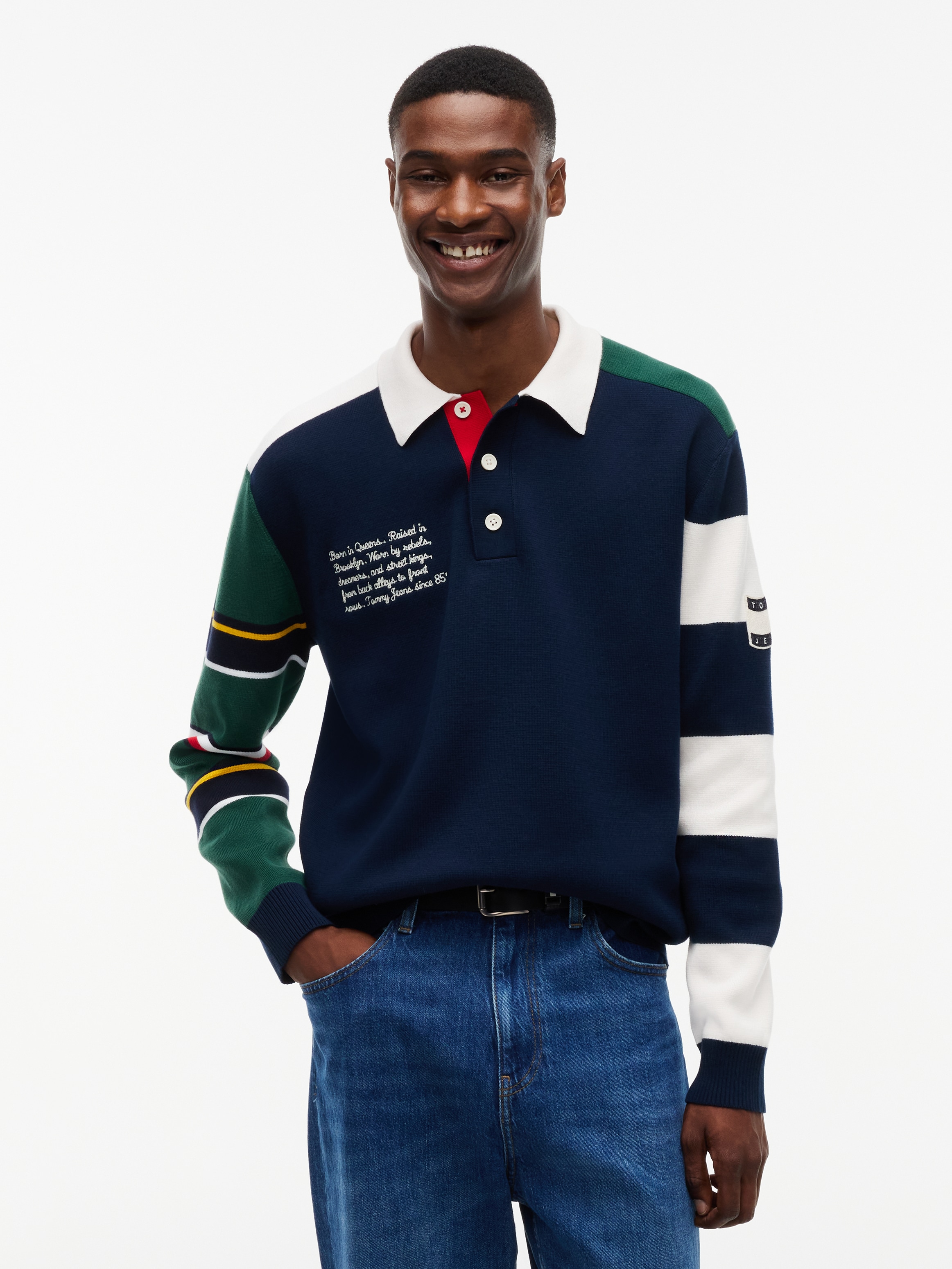 Image of Tommy Jeans Rugbyshirt "TJM REGULAR TOMMY KNITTED RUGBY" aus Strick mit Color Block