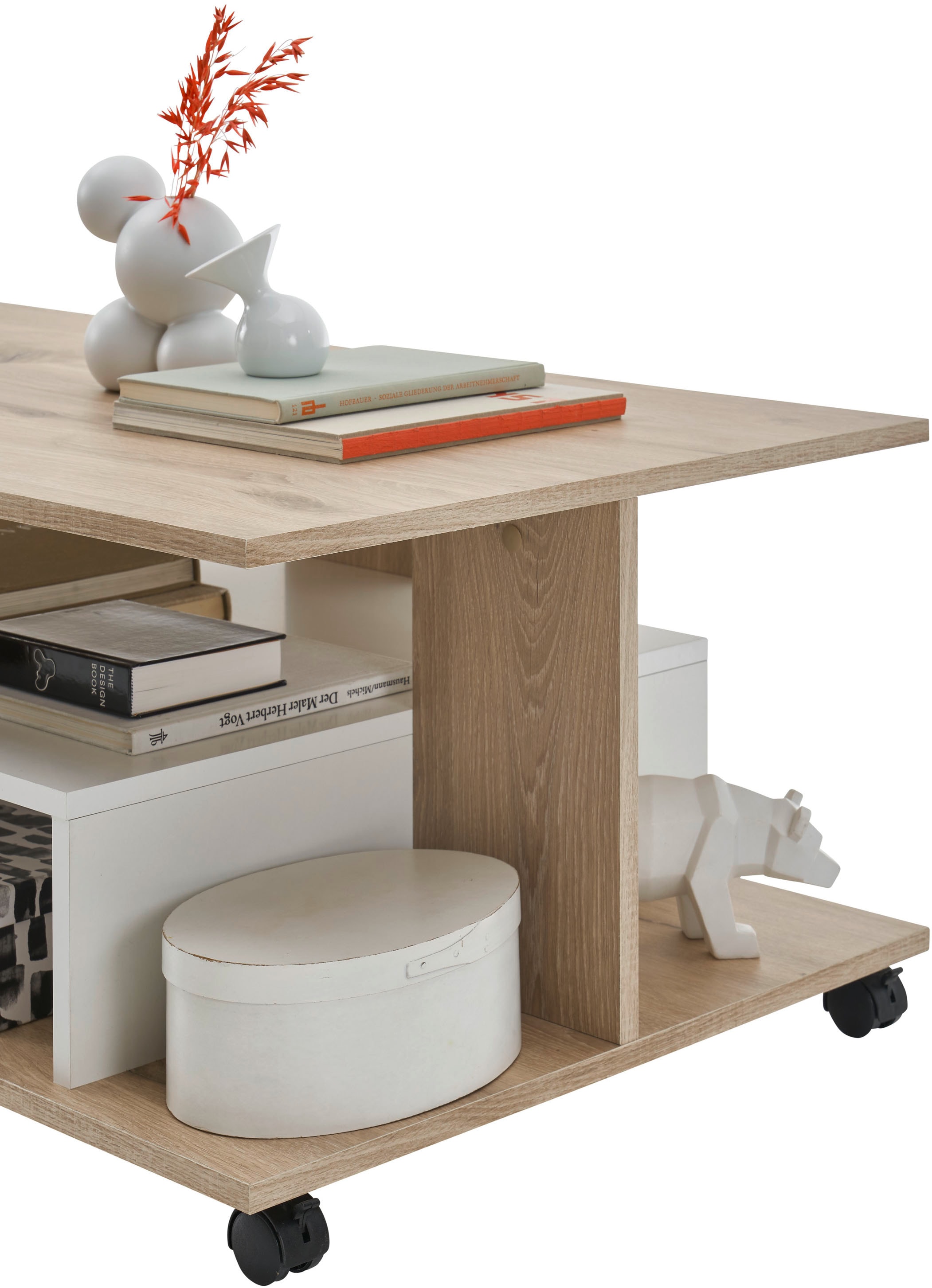 Stolkom Couchtisch »Marti rollbar mit Ablageböden, Rima Oak weiss, BxHxT 110x42,5x60 cm«, Rollbar, mehrere Ablageböden in Rima Oak weiss