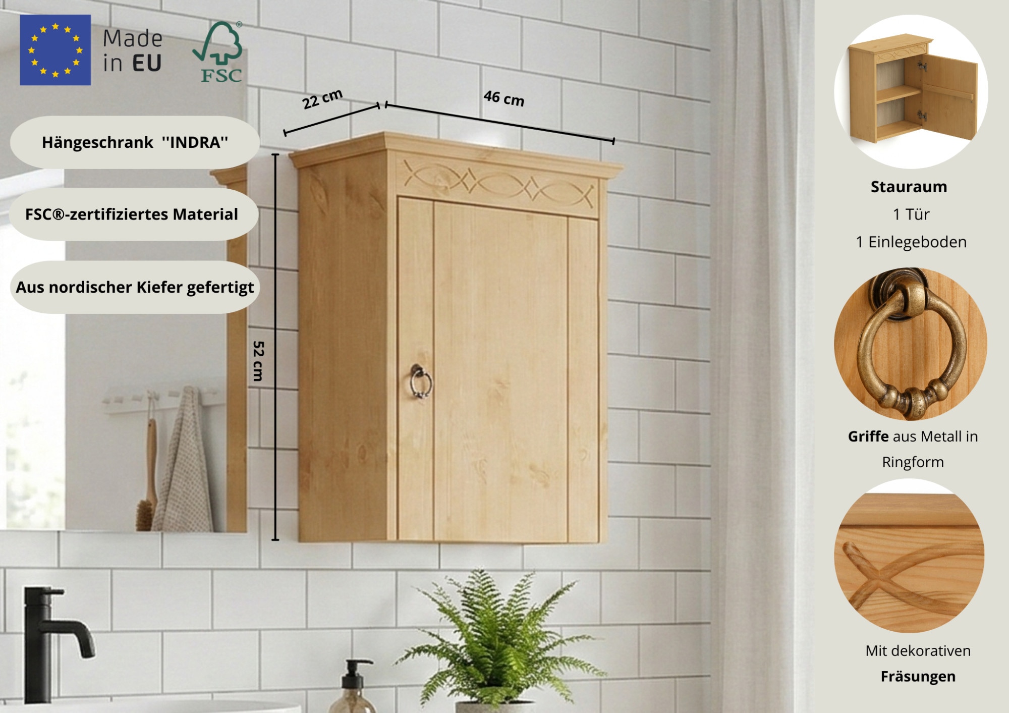 GOODproduct Hängeschrank »Indra, Badschrank, Badmöbel, Badezimmerschrank« B/T/H: 46/32/52 cm,  aus massiver Kiefer, FSC®-zertifiziert