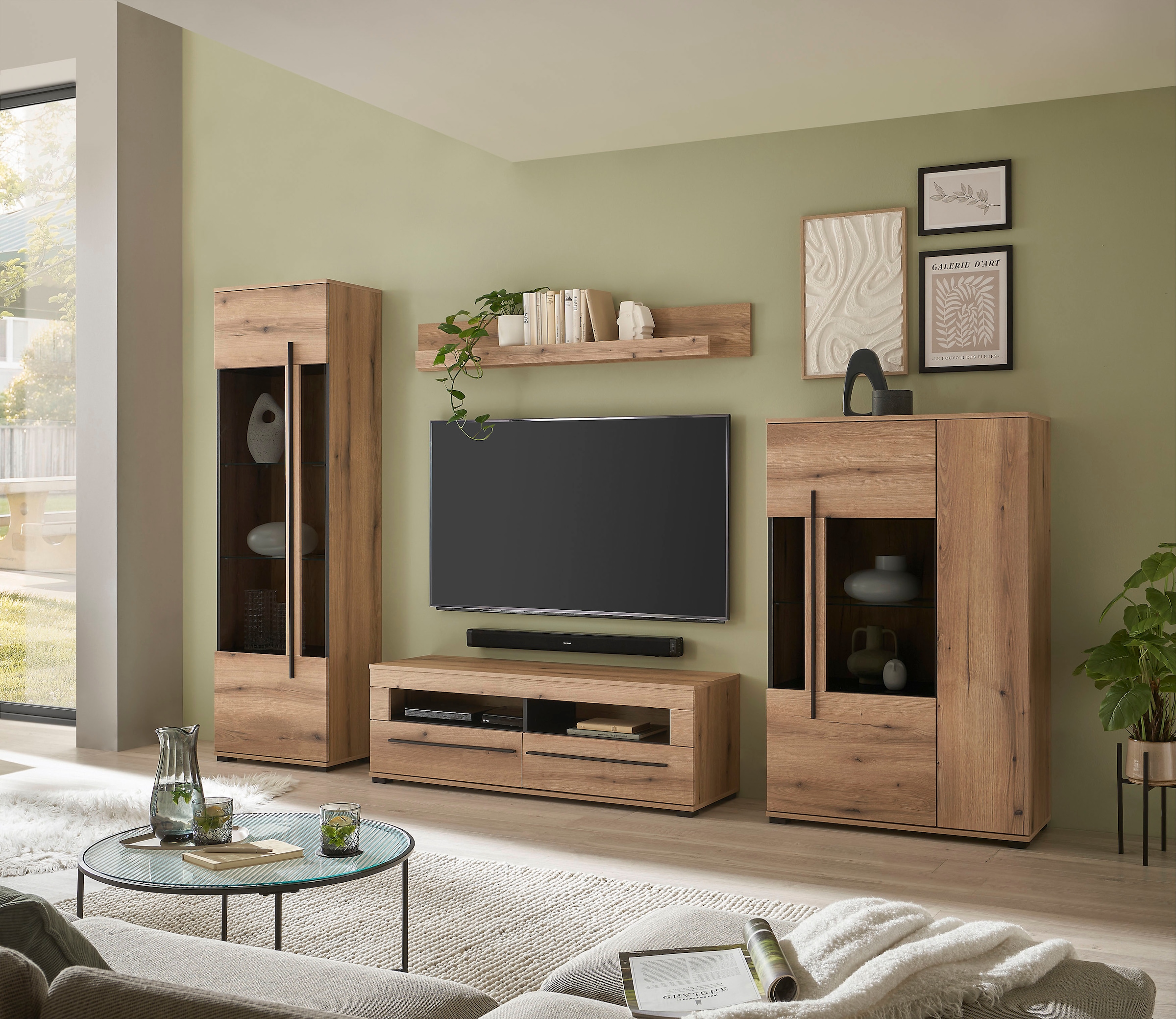 INOSIGN Wohnwand »Cantara, moderne Anbauwand, Wohnzimmer-Set, in Eiche Evoke oder Weiss«, (Set), enthält zwei Vitrinen, ein Lowboard und ein Wandboard