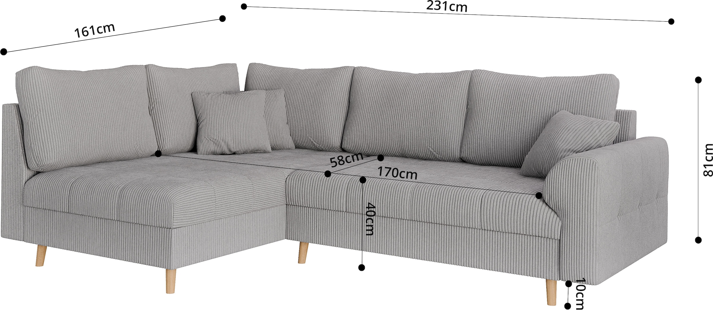 Home affaire Ecksofa »CHARRE L-Form mit Ottomane, Masse B/T/H: 231/161/81 cm«, feine Steppung, lose Rücken- und Zierkissen, auch in Cord und Bouclé