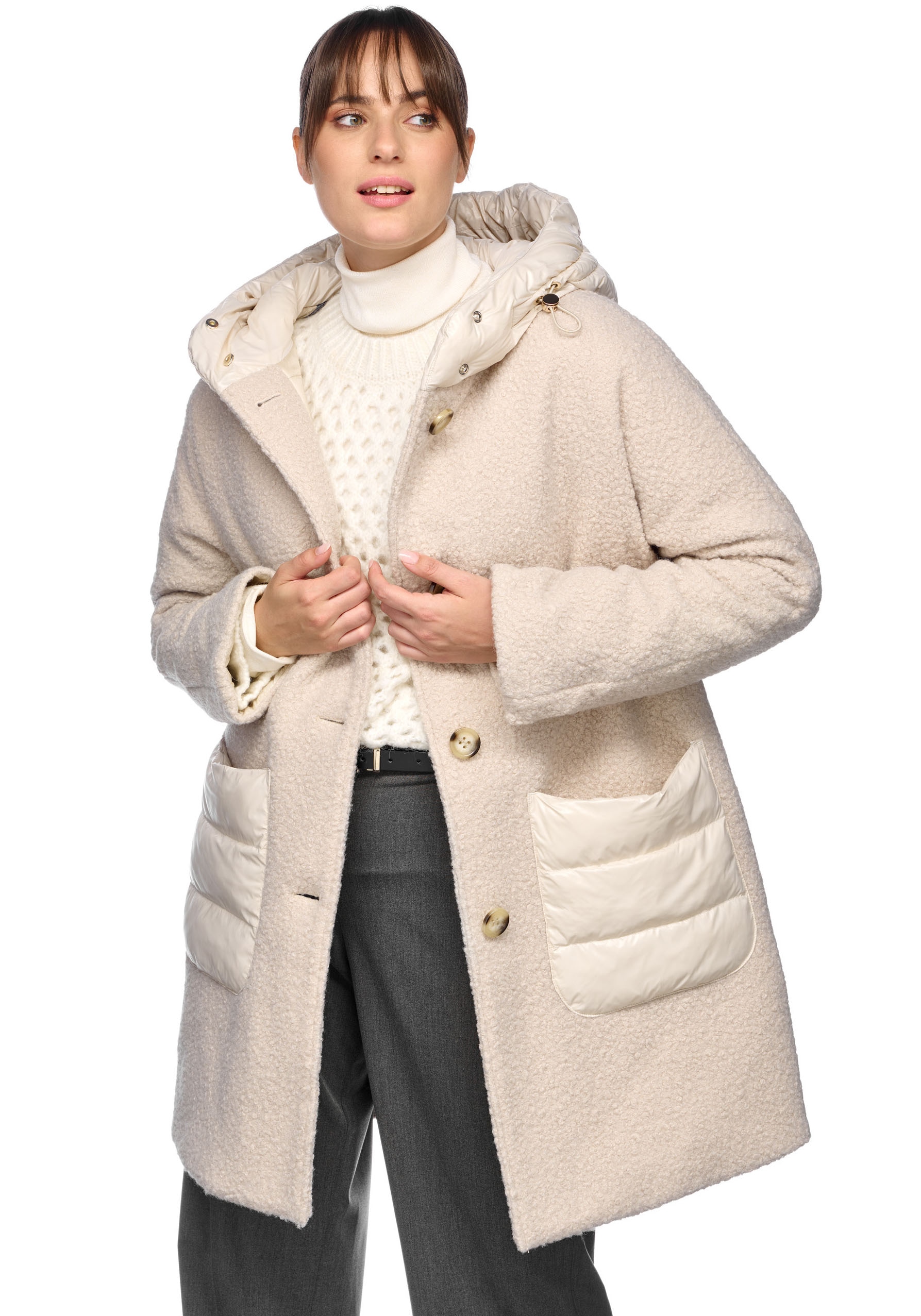 Geox Kurzmantel »CALITHE«, im Materialmix, Kapuze, grosse aufgesetzte Taschen, Knöpfe