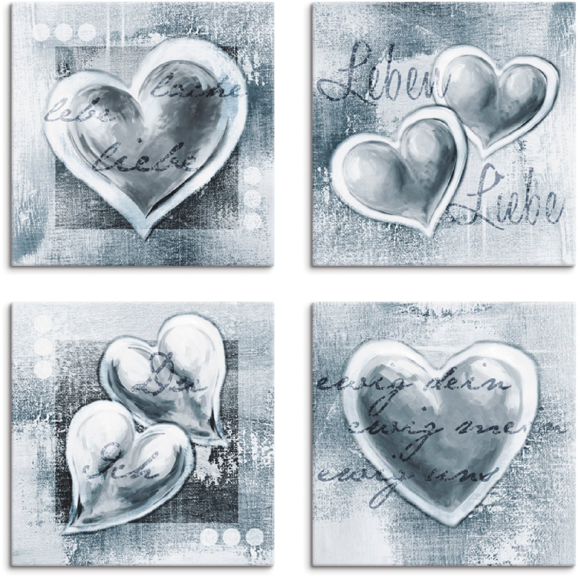 Image of Artland Leinwandbild "Lache Lebe Liebe Leben" Herzen 4 Stk. tlg. 4er Set, verschiedene Grössen