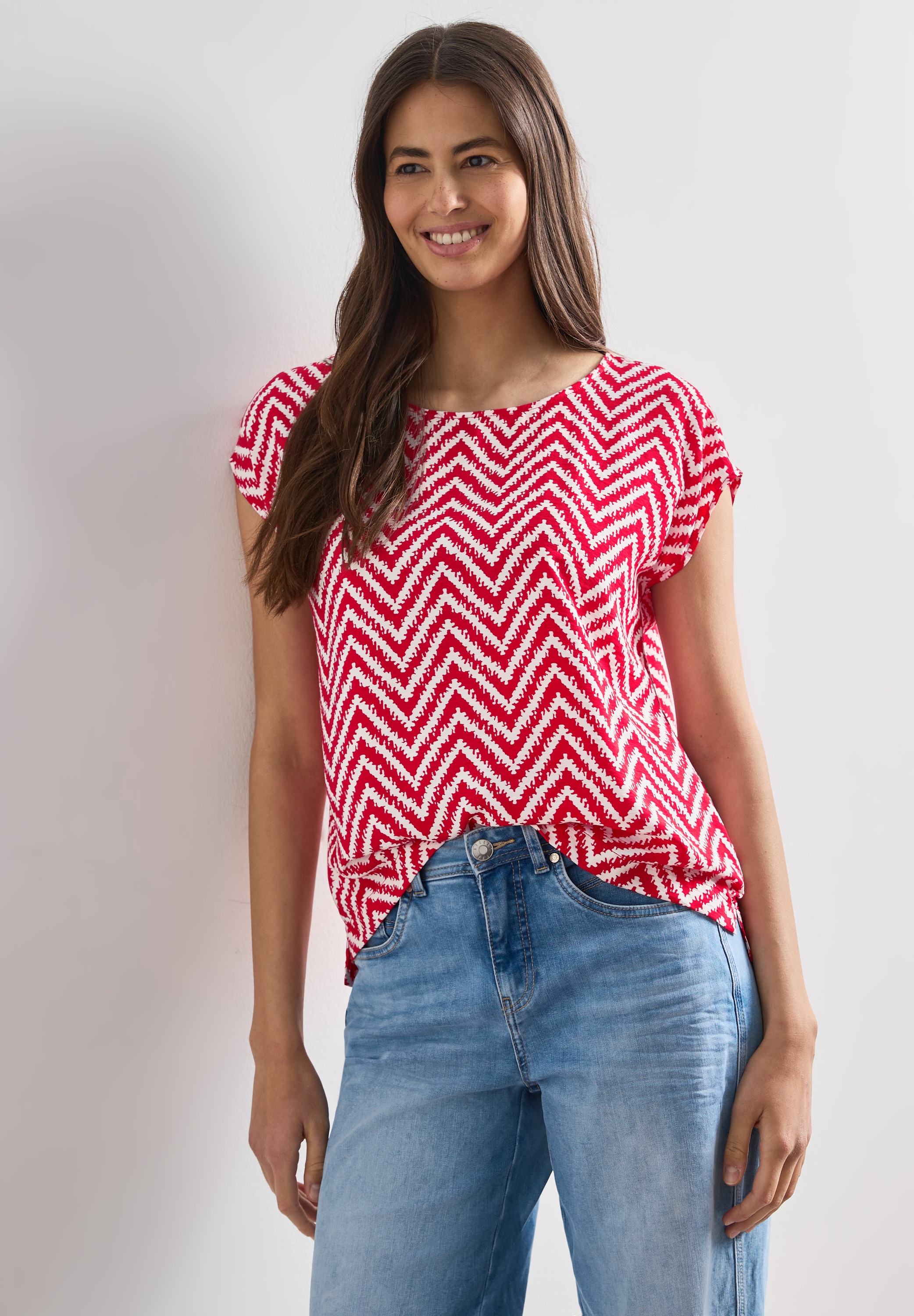 Image of STREET ONE Kurzarmbluse Sommerbluse mit Zick-Zack-Muster und Rundhals