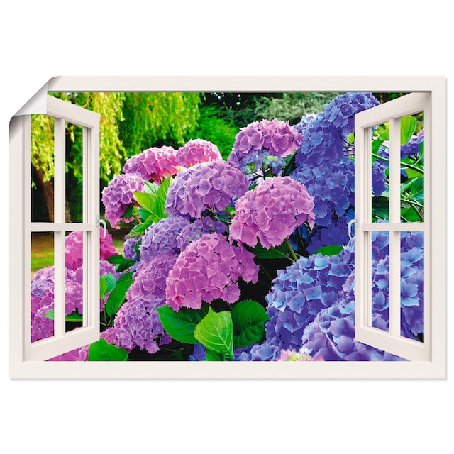 Artland Wandbild »Fensterblick Hortensien im Garten«, Blumen, (1 St.), als  Alubild, Leinwandbild, Wandaufkleber oder Poster in versch. Grössen jetzt  kaufen
