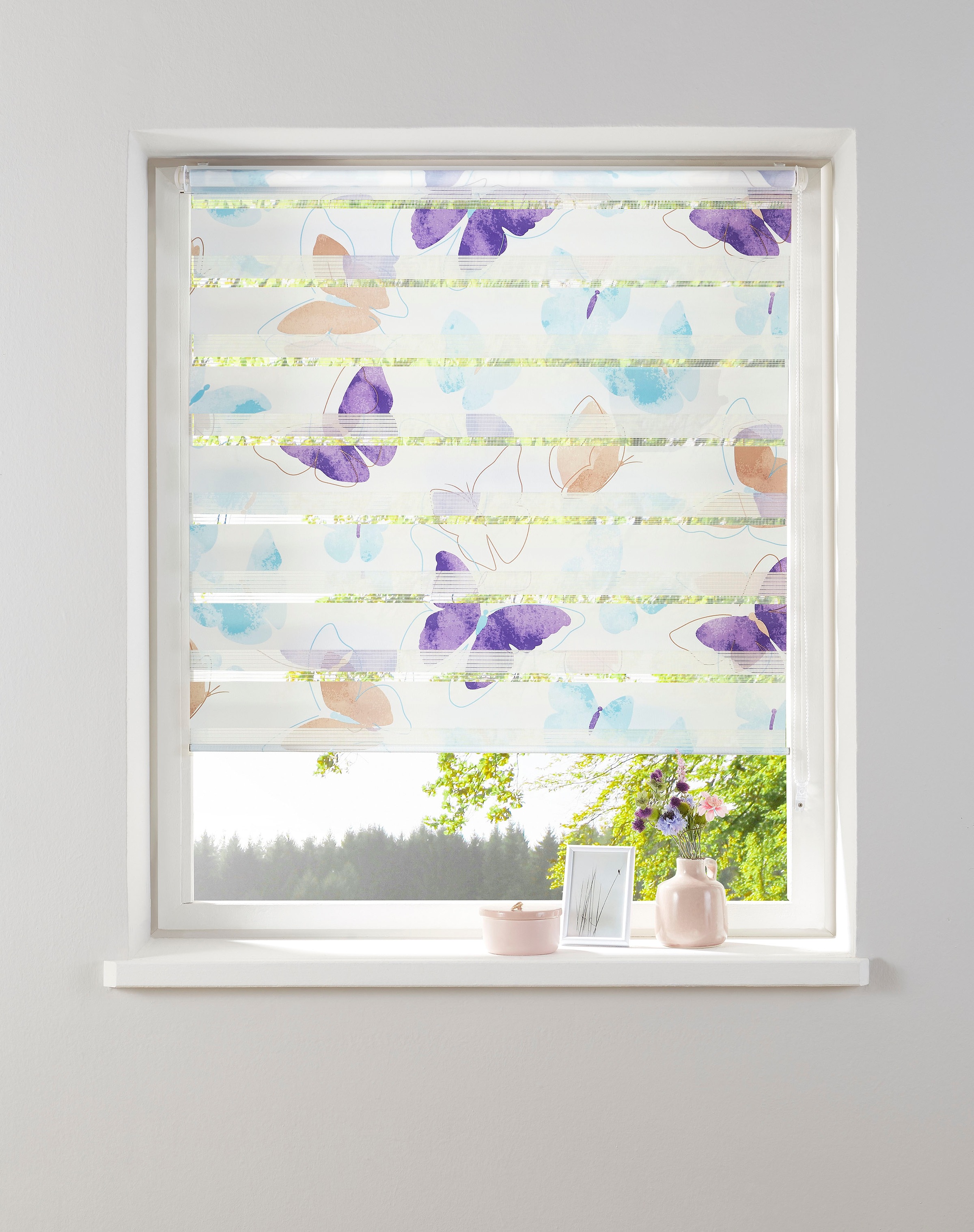 Image of my home Doppelrollo »Santo«, Lichtschutz, ohne Bohren, freihängend, im Fixmass, Klemmfix, Schmetterlinge, Klemmträger bei Ackermann Versand Schweiz